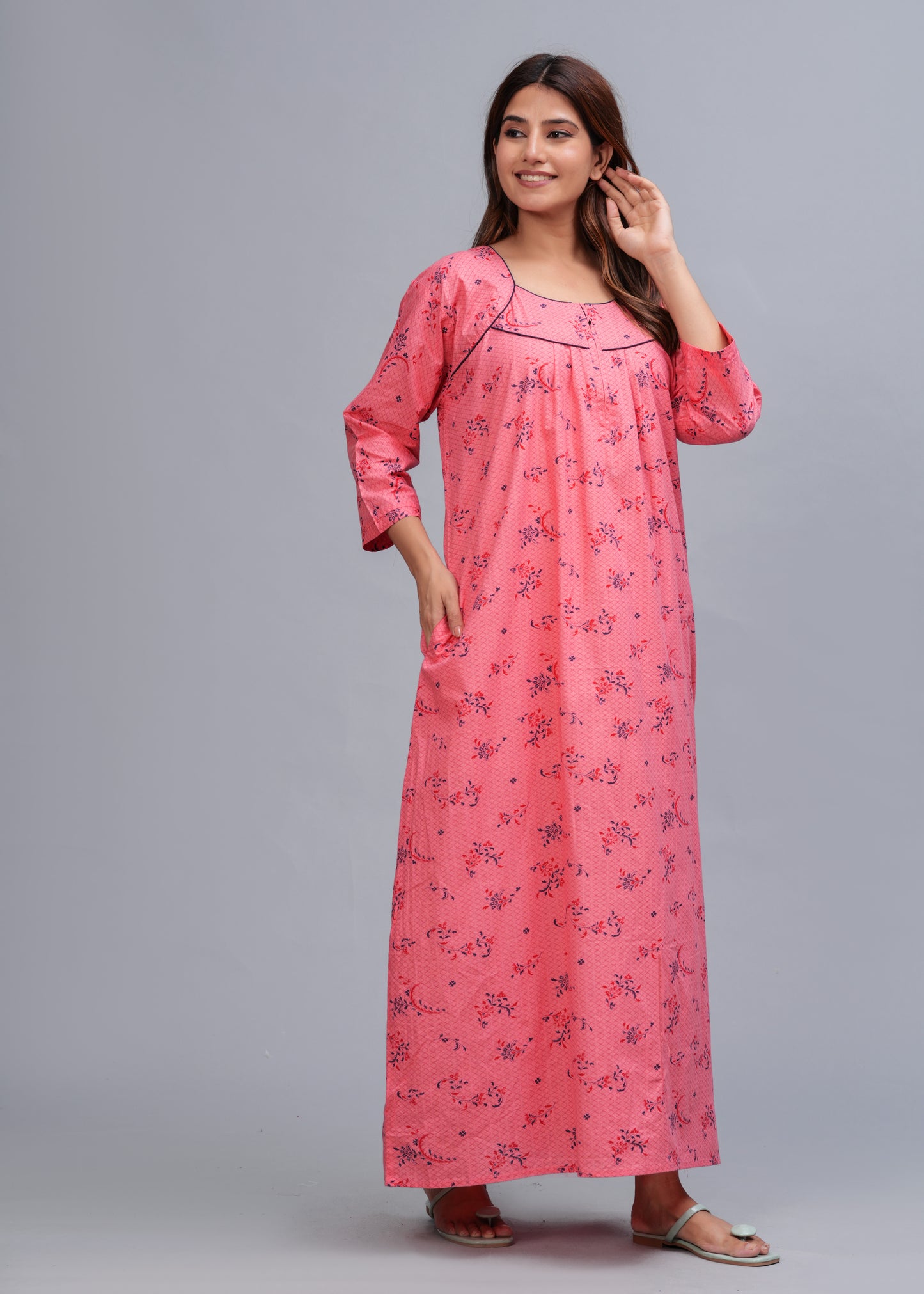 Cotton Full Sleeves Nightgown for Women(Baby Pink, XL)