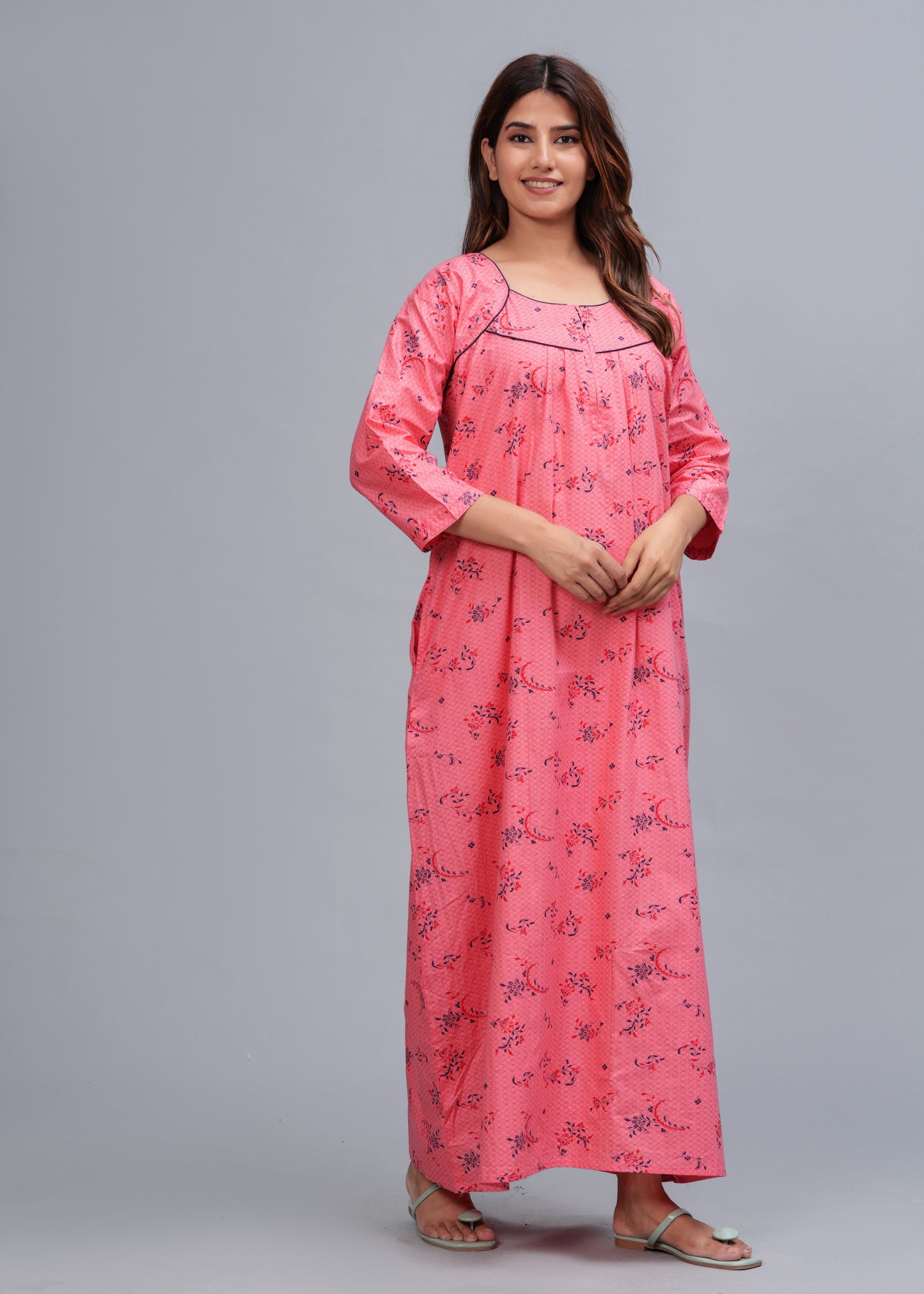 Cotton Full Sleeves Nightgown for Women(Baby Pink, XL)