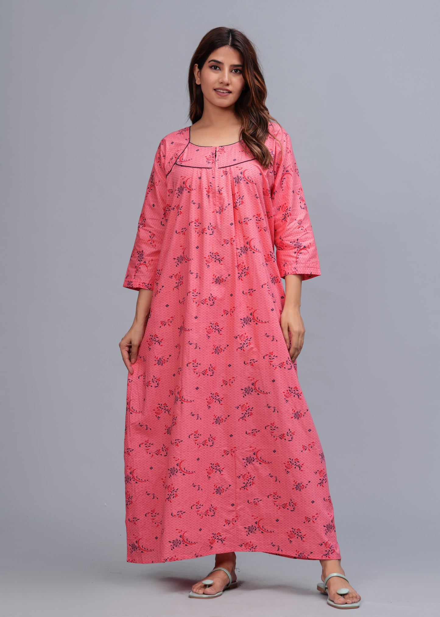 Cotton Full Sleeves Nightgown for Women(Baby Pink, XL)