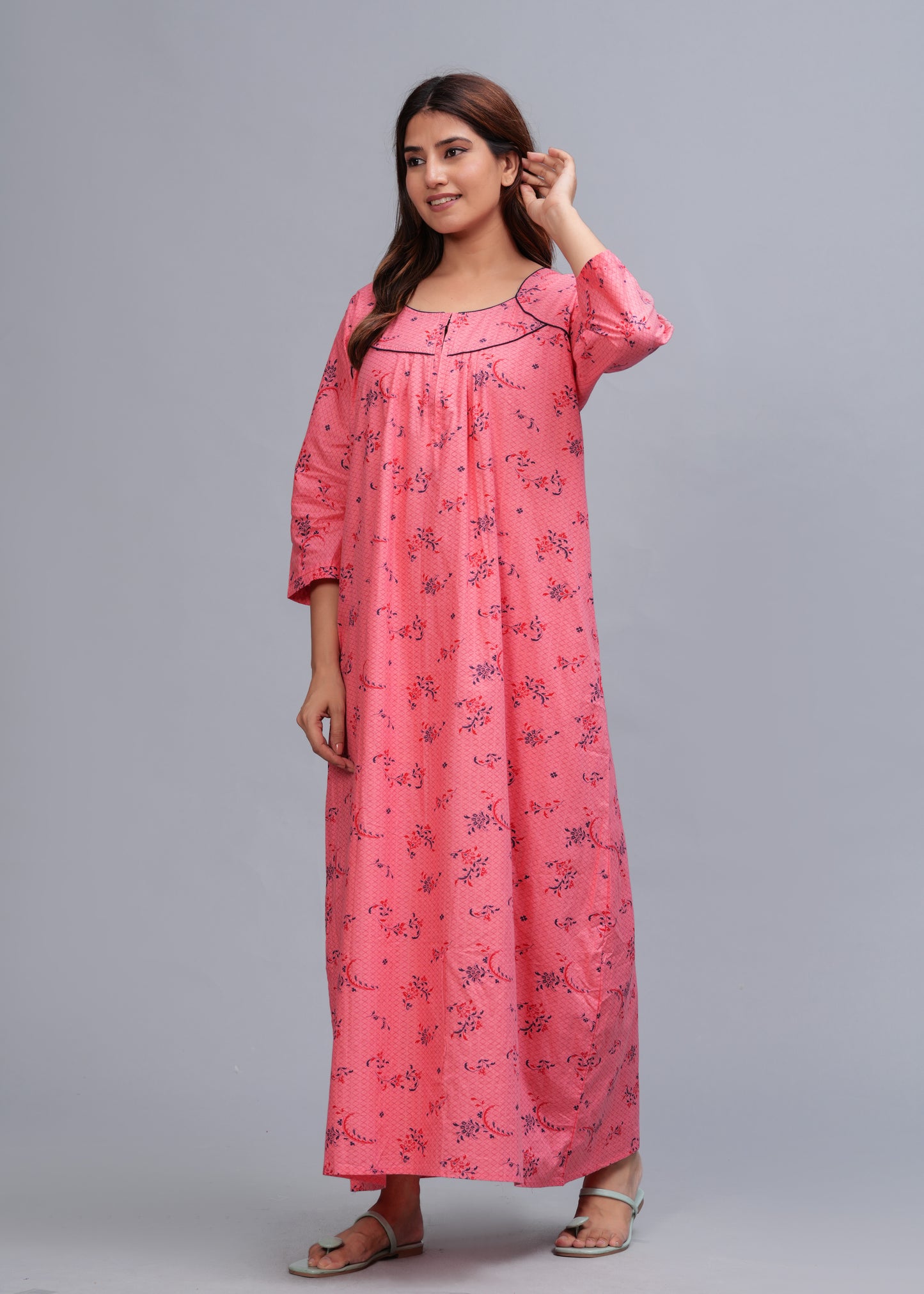 Cotton Full Sleeves Nightgown for Women(Baby Pink, XL)