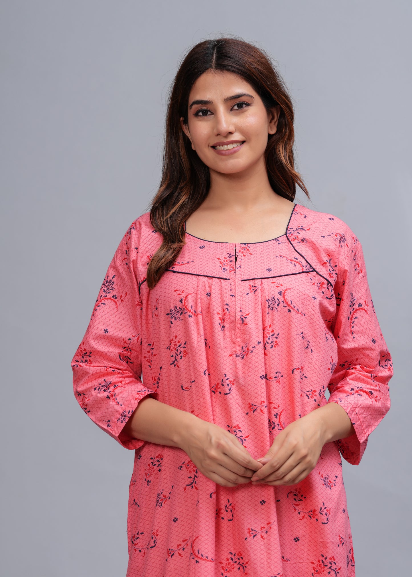 Cotton Full Sleeves Nightgown for Women(Baby Pink, XL)