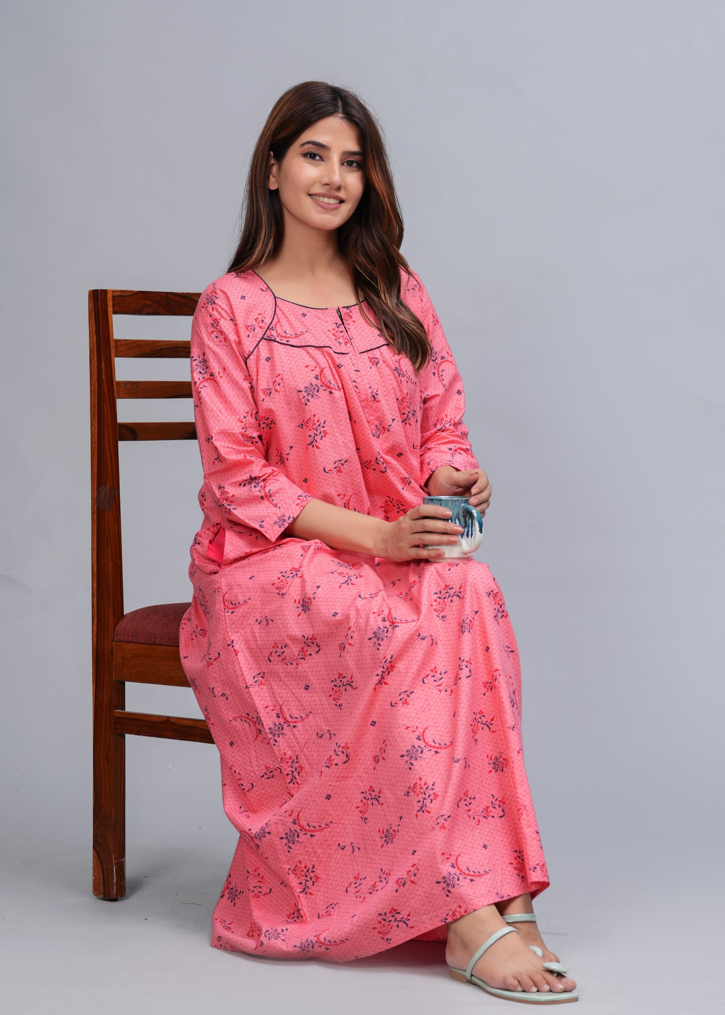 Cotton Full Sleeves Nightgown for Women(Baby Pink, XL)