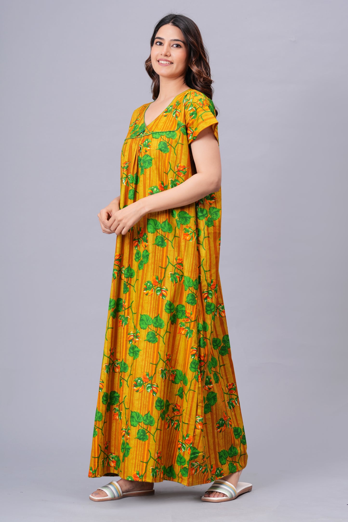 HARGUN NIGHT WEAR Women's Pure Cotton Floral Nighty | Full Length V-Neck Night Gown with Pocket | Soft & Breathable Sleepwear for Ladies Pink