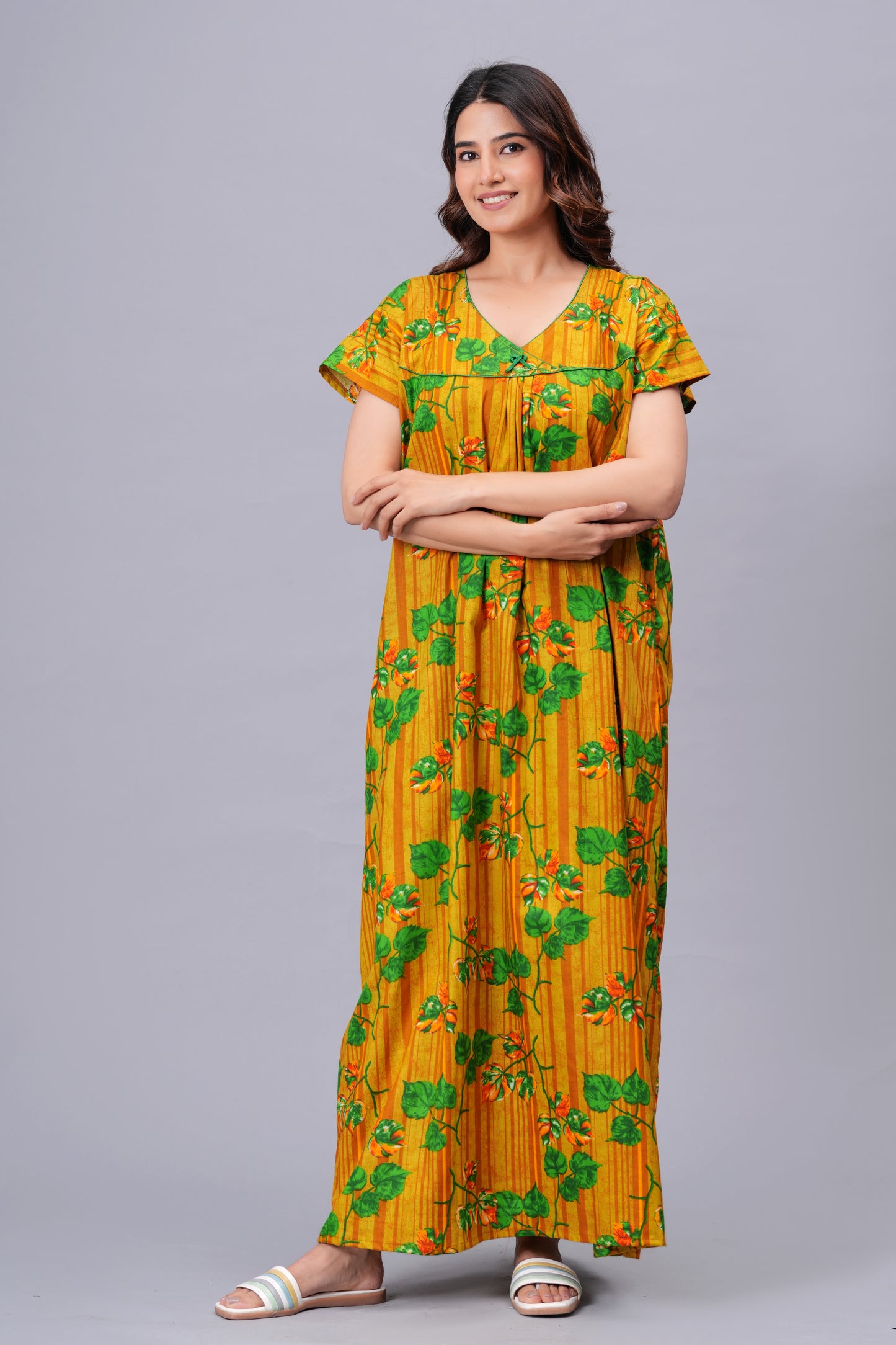 HARGUN NIGHT WEAR Women's Pure Cotton Floral Nighty | Full Length V-Neck Night Gown with Pocket | Soft & Breathable Sleepwear for Ladies Pink