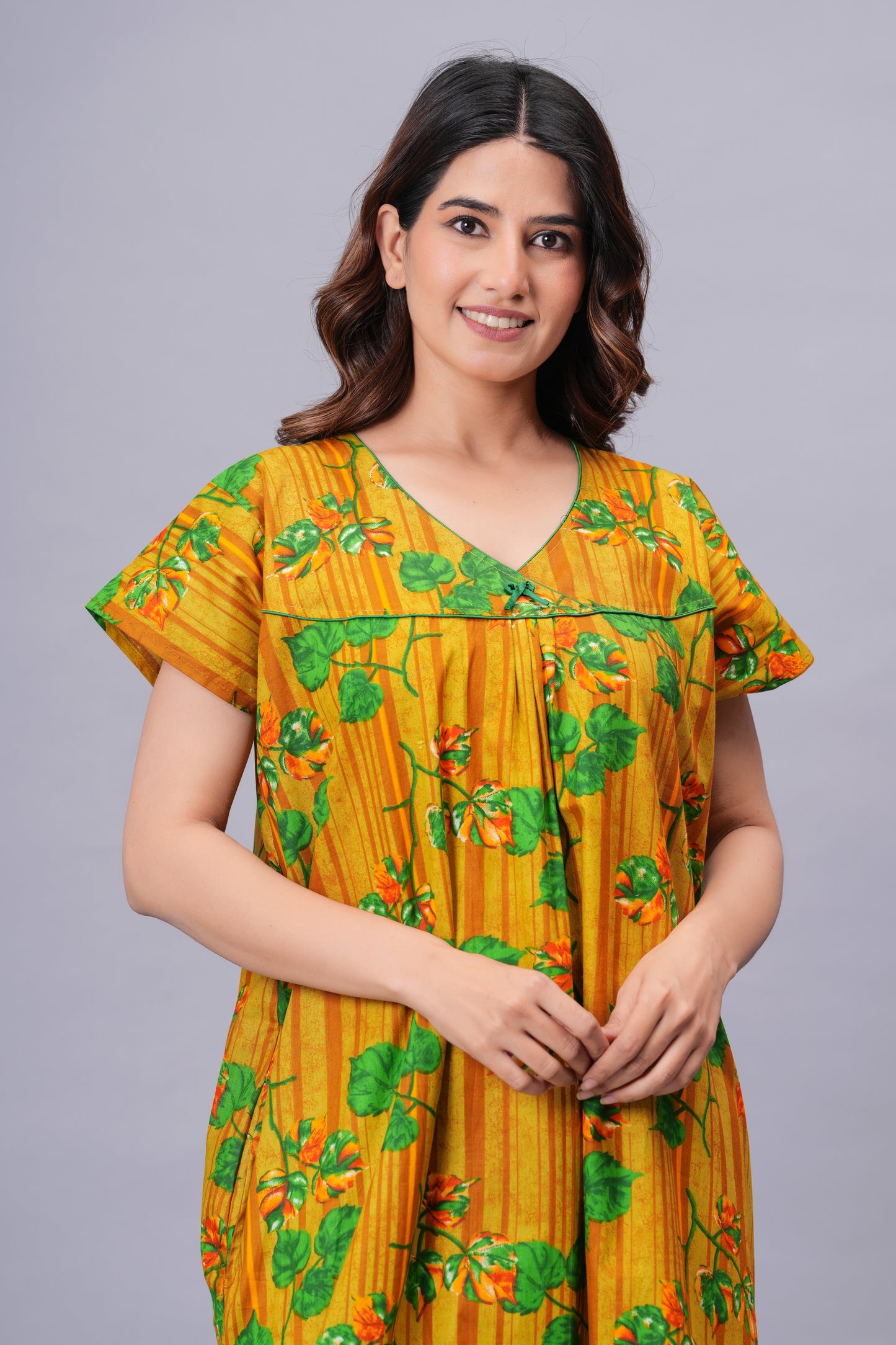 HARGUN NIGHT WEAR Women's Pure Cotton Floral Nighty | Full Length V-Neck Night Gown with Pocket | Soft & Breathable Sleepwear for Ladies Pink