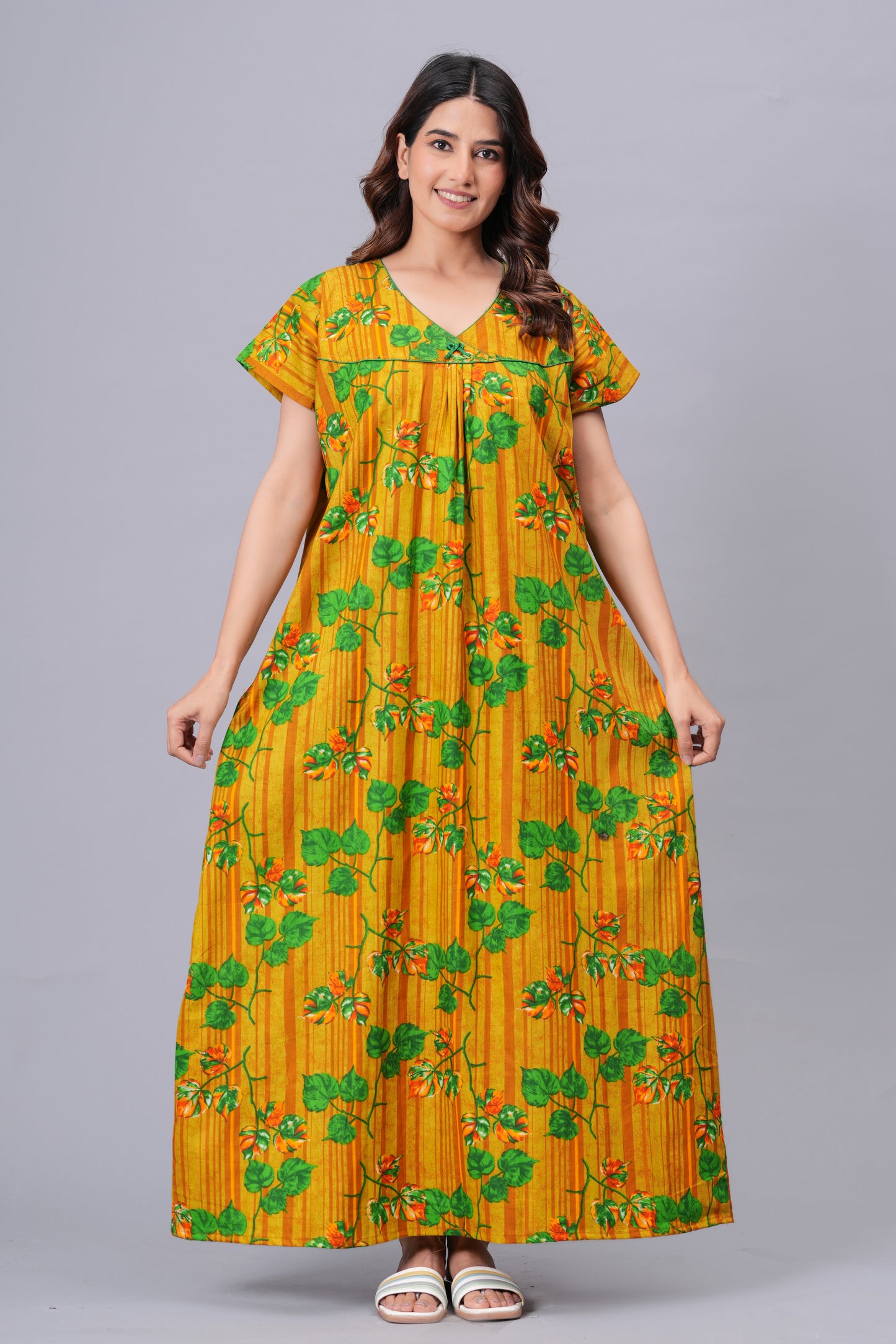 HARGUN NIGHT WEAR Women's Pure Cotton Floral Nighty | Full Length V-Neck Night Gown with Pocket | Soft & Breathable Sleepwear for Ladies Pink