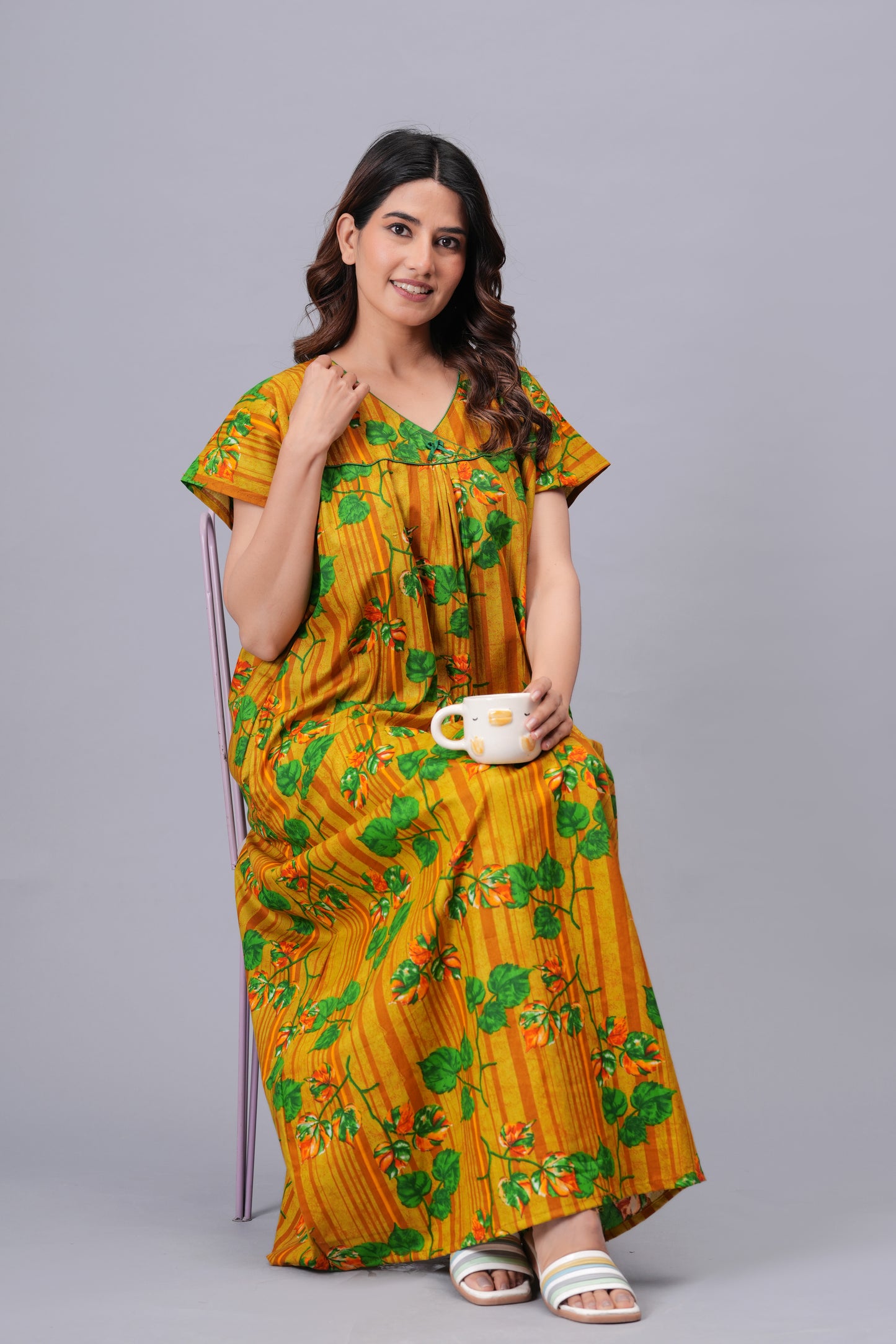 HARGUN NIGHT WEAR Women's Pure Cotton Floral Nighty | Full Length V-Neck Night Gown with Pocket | Soft & Breathable Sleepwear for Ladies Pink