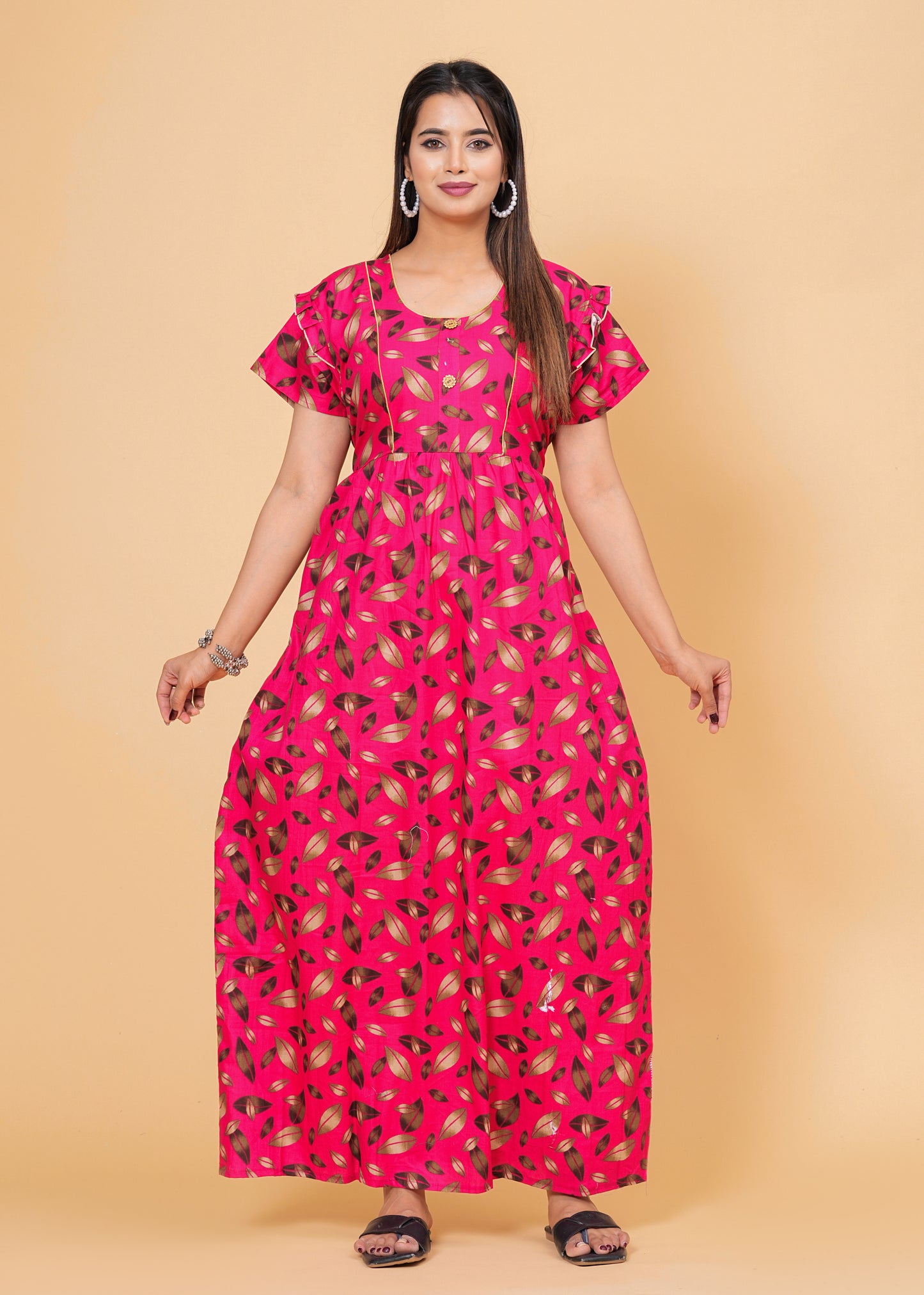 Women Cotton Maxi Floral Print Nightgown (Dark Pink/Raani Pink)
