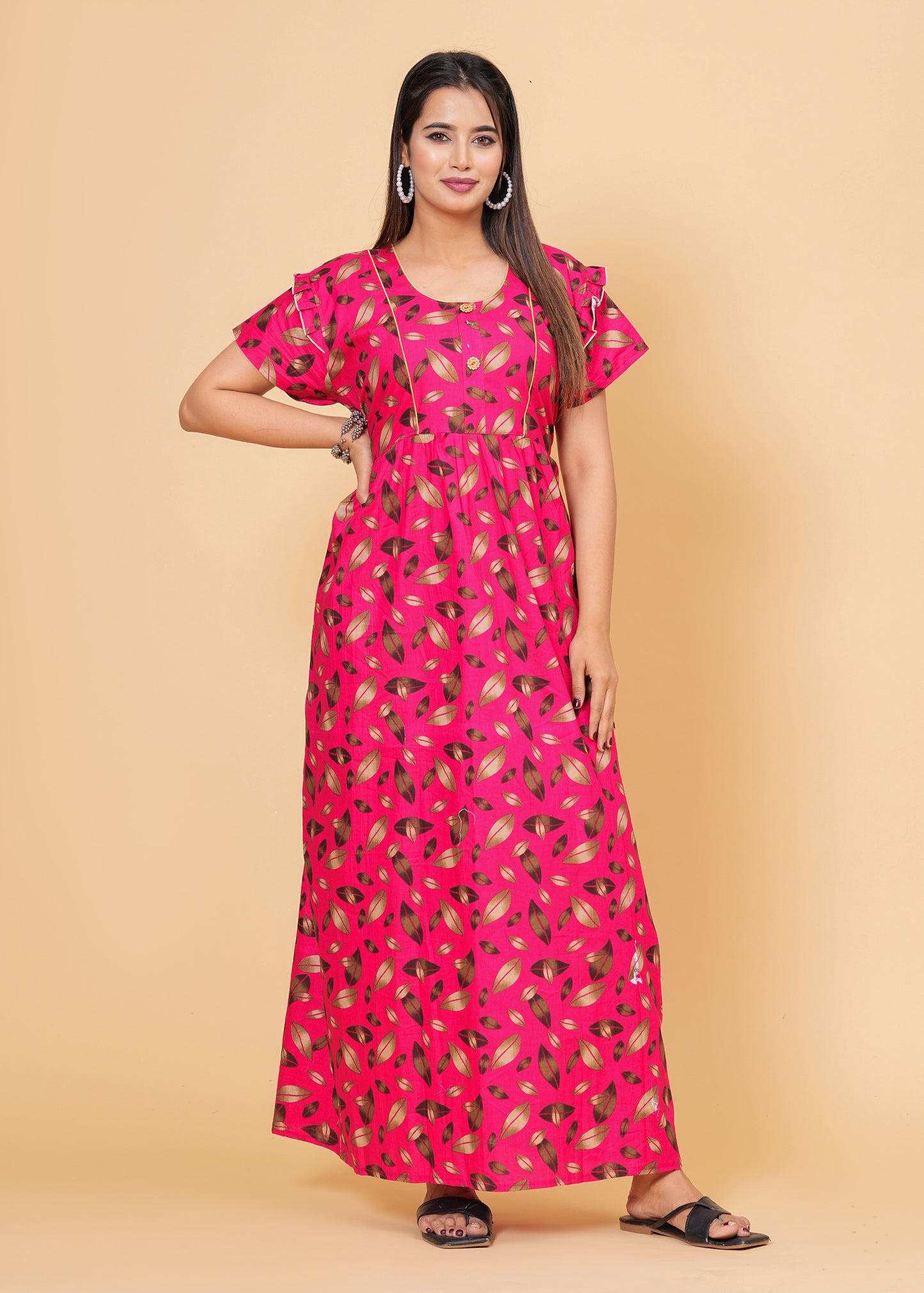 Women Cotton Maxi Floral Print Nightgown (Dark Pink/Raani Pink)