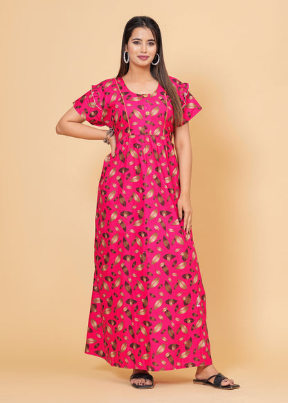 Women Cotton Maxi Floral Print Nightgown (Dark Pink/Raani Pink)