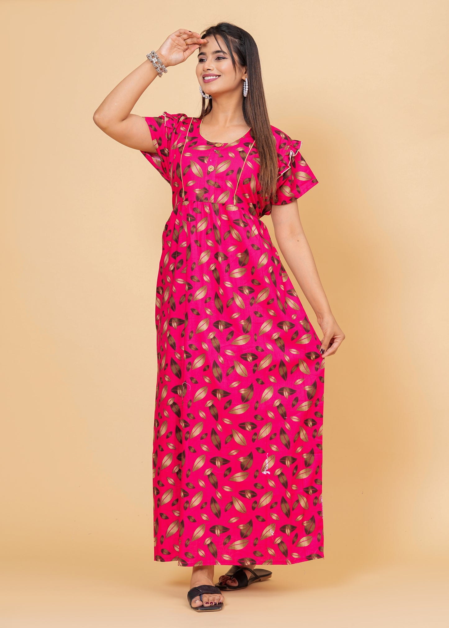 Women Cotton Maxi Floral Print Nightgown (Dark Pink/Raani Pink)