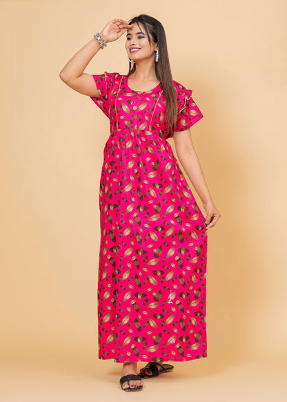 Women Cotton Maxi Floral Print Nightgown (Dark Pink/Raani Pink)
