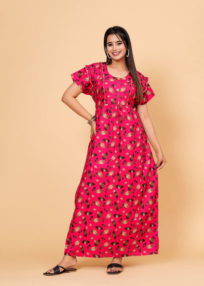 Women Cotton Maxi Floral Print Nightgown (Dark Pink/Raani Pink)