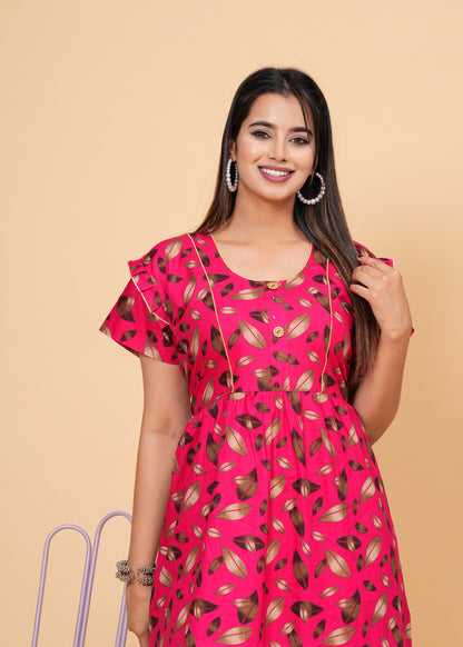 Women Cotton Maxi Floral Print Nightgown (Dark Pink/Raani Pink)