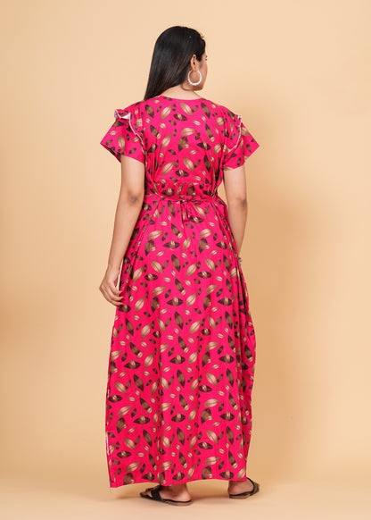Women Cotton Maxi Floral Print Nightgown (Dark Pink/Raani Pink)