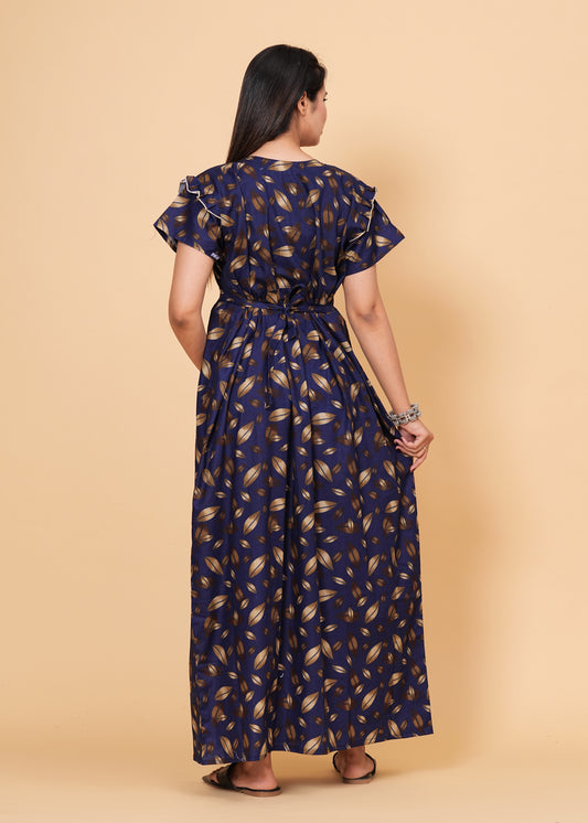 Women's Cotton Floral Print Maxi Nightgown (Navy Blue)