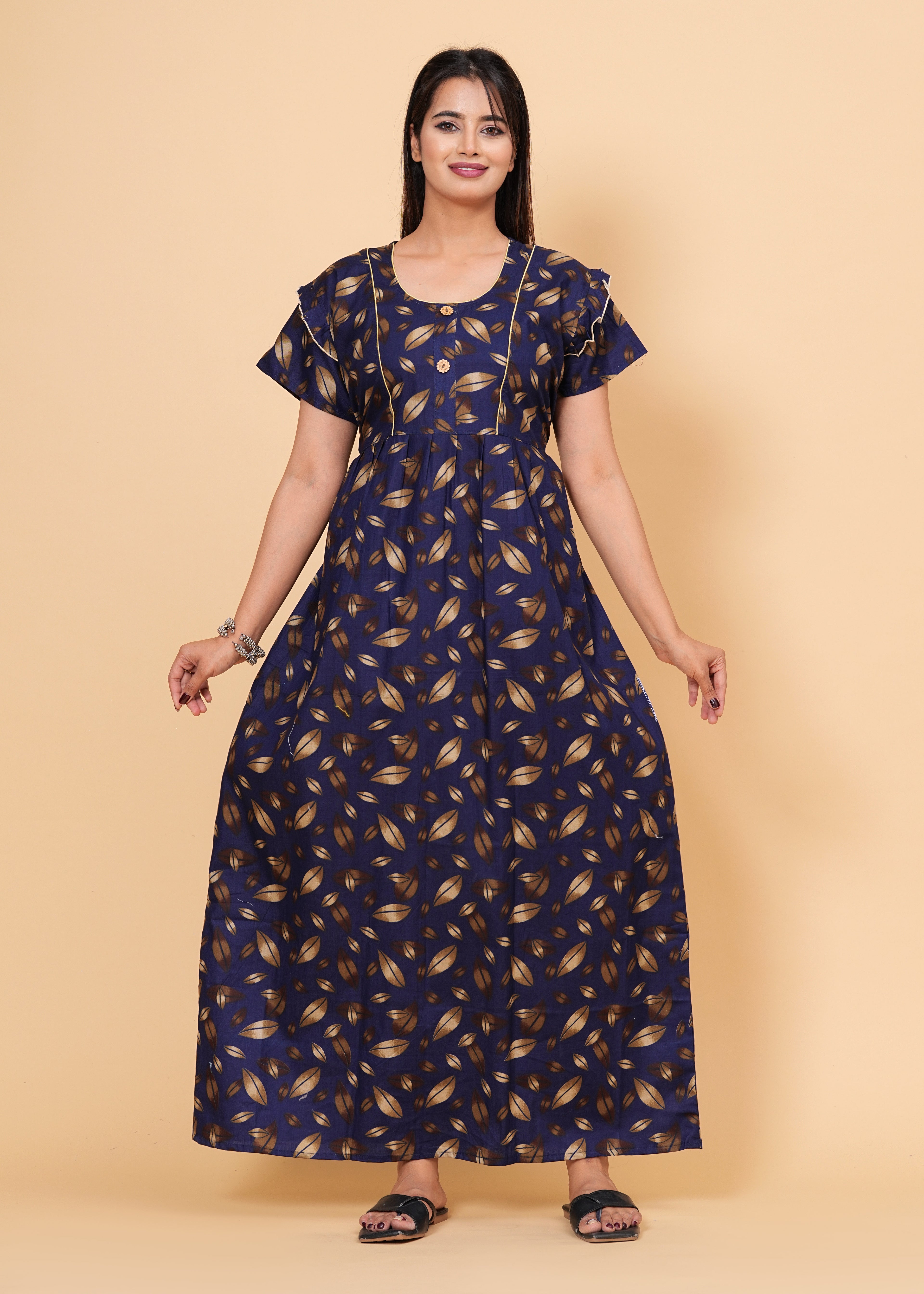 Women's Cotton Floral Print Maxi Nightgown (Navy Blue)