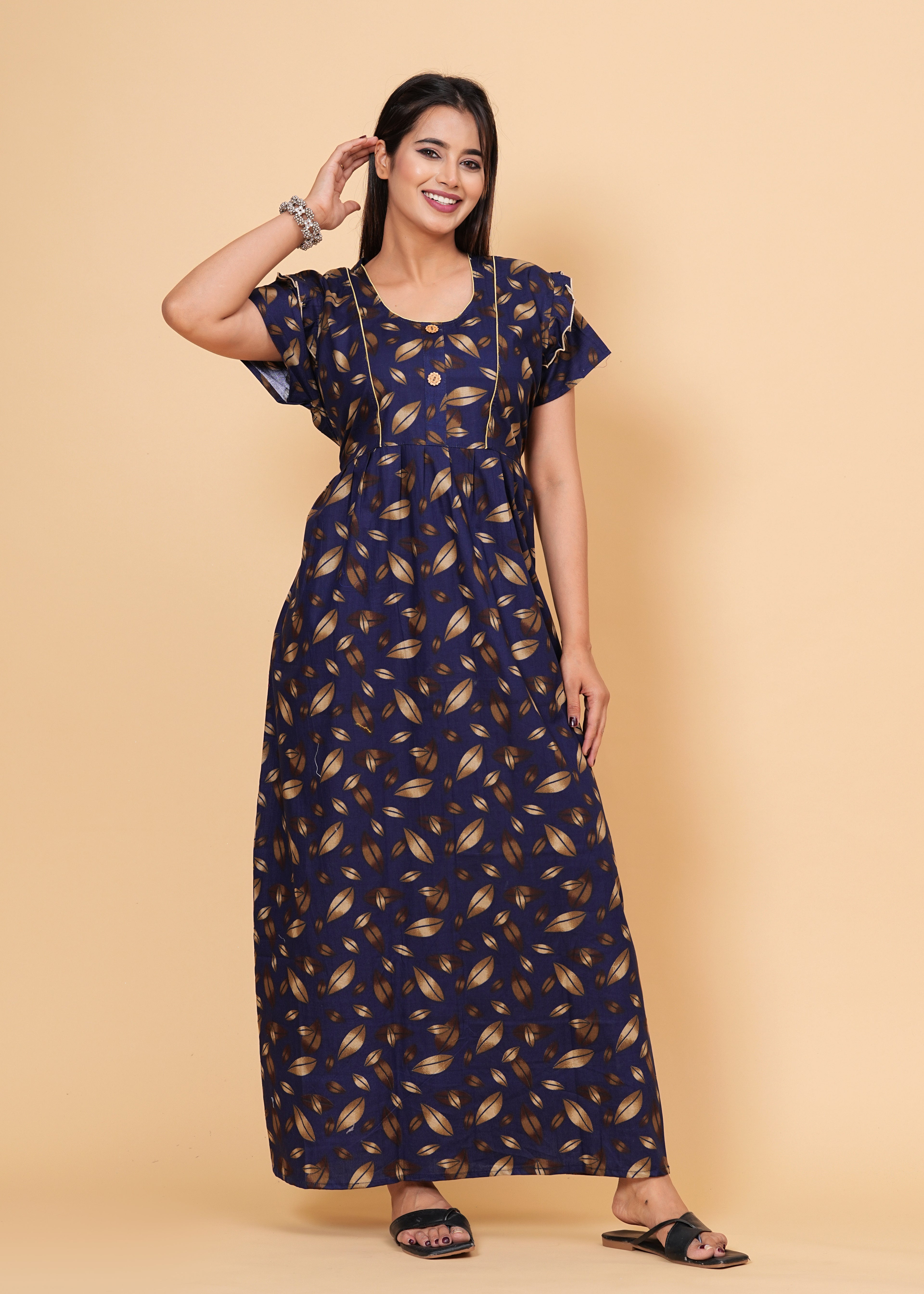 Women's Cotton Floral Print Maxi Nightgown (Navy Blue)
