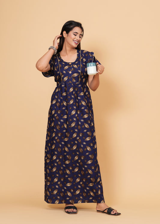 Women's Cotton Floral Print Maxi Nightgown (Navy Blue)