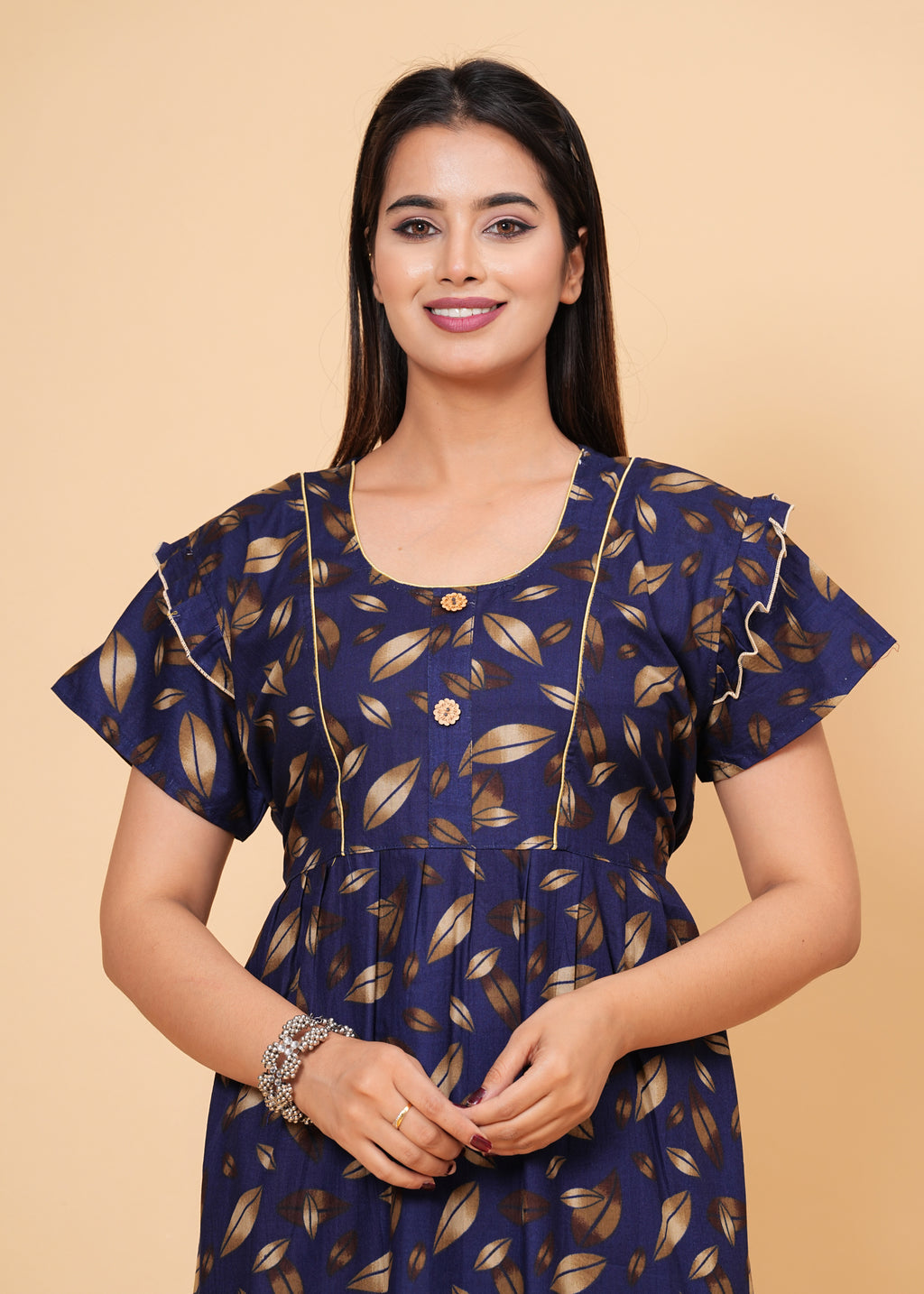 Women's Cotton Floral Print Maxi Nightgown (Navy Blue)