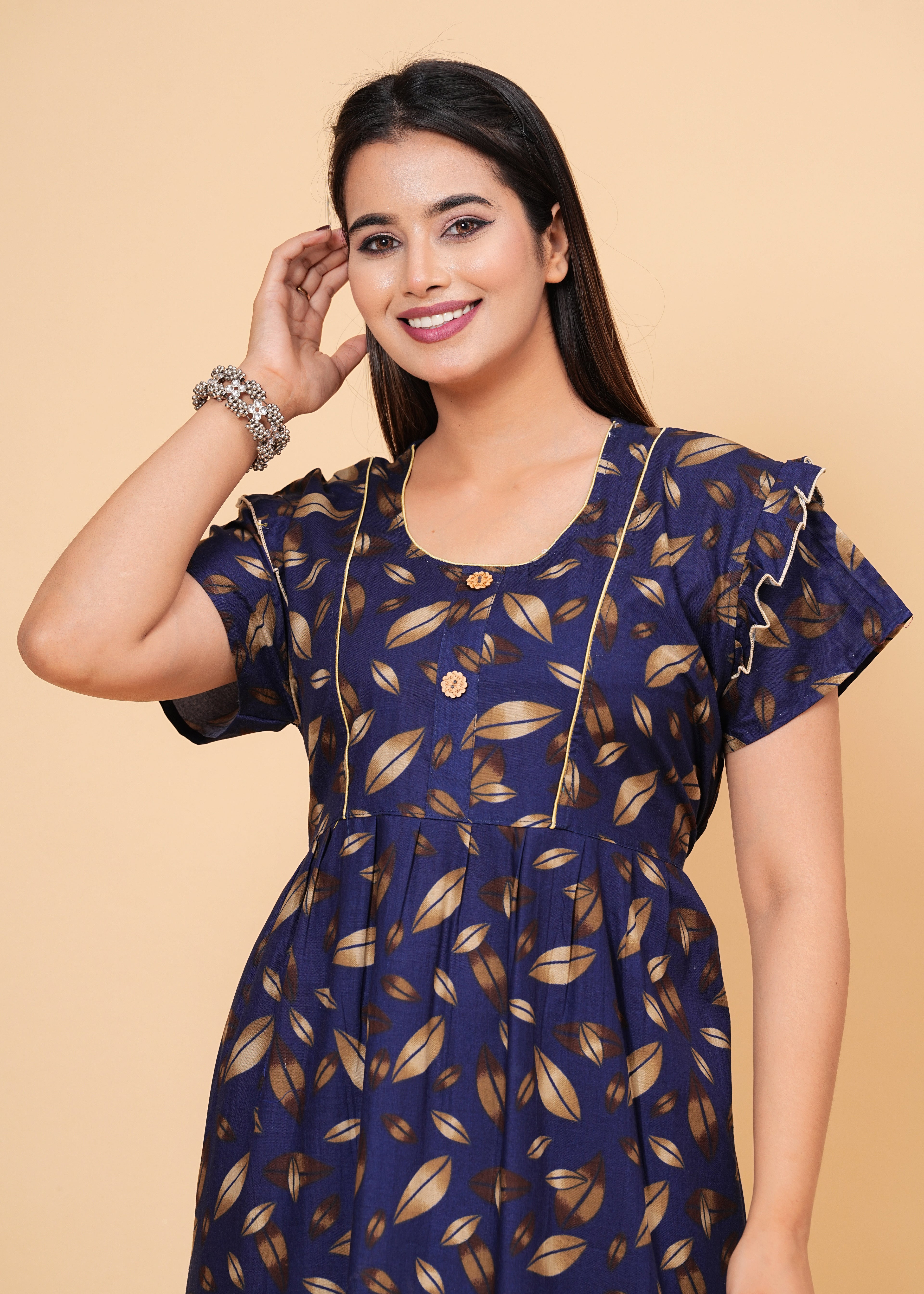 Women's Cotton Floral Print Maxi Nightgown (Navy Blue)