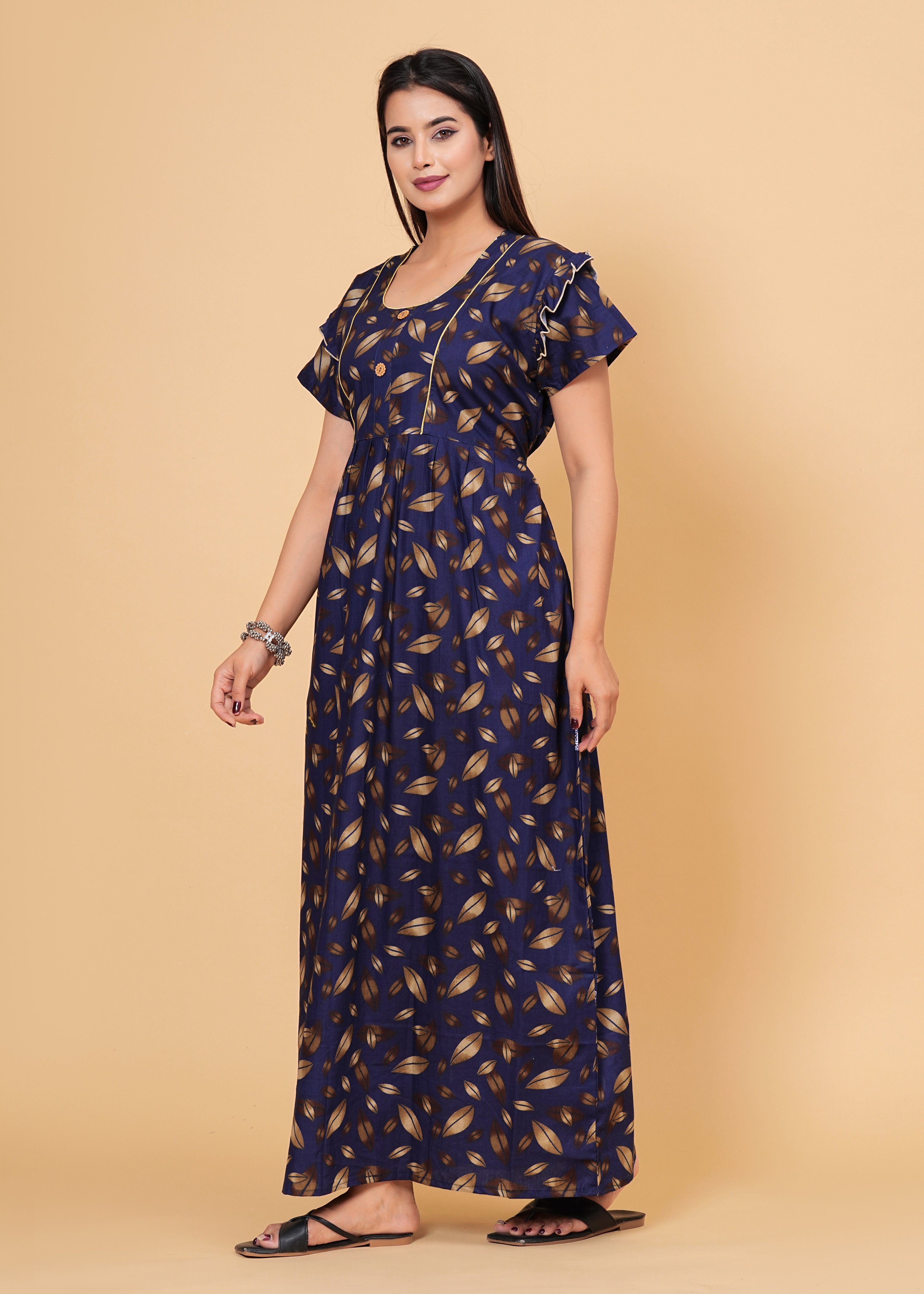 Women's Cotton Floral Print Maxi Nightgown (Navy Blue)