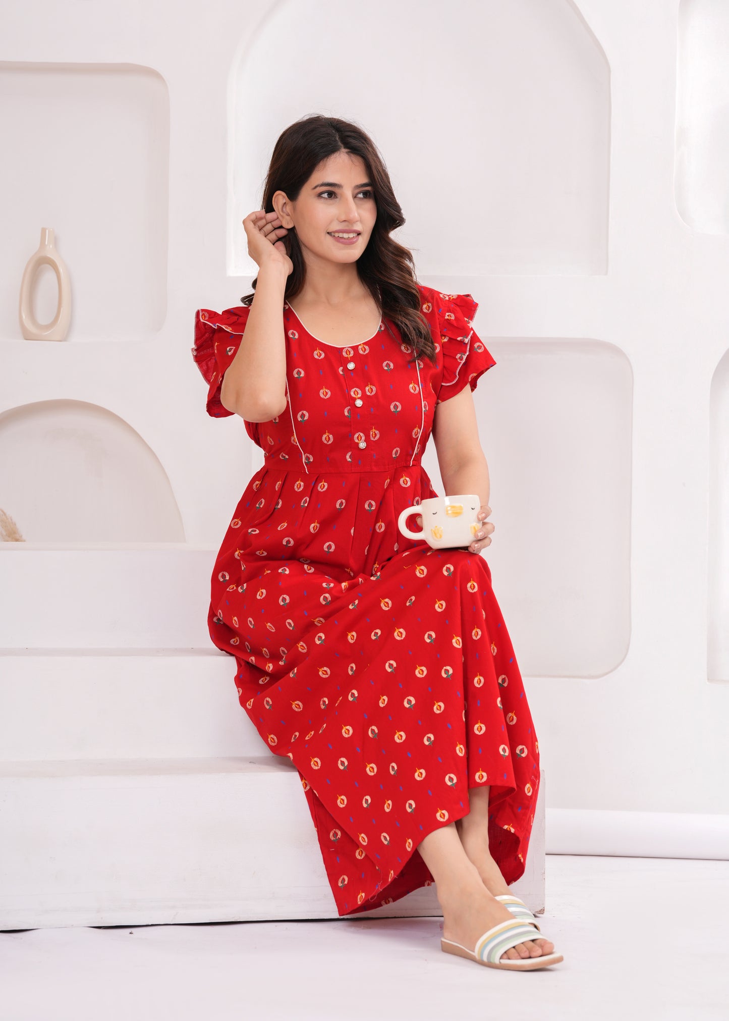 HARGUN NIGHT WEAR Frock Style Cotton Nightgown for Women | Pure Cotton Nighty/Maxi for Women | Pack of 1 (Red, XL)