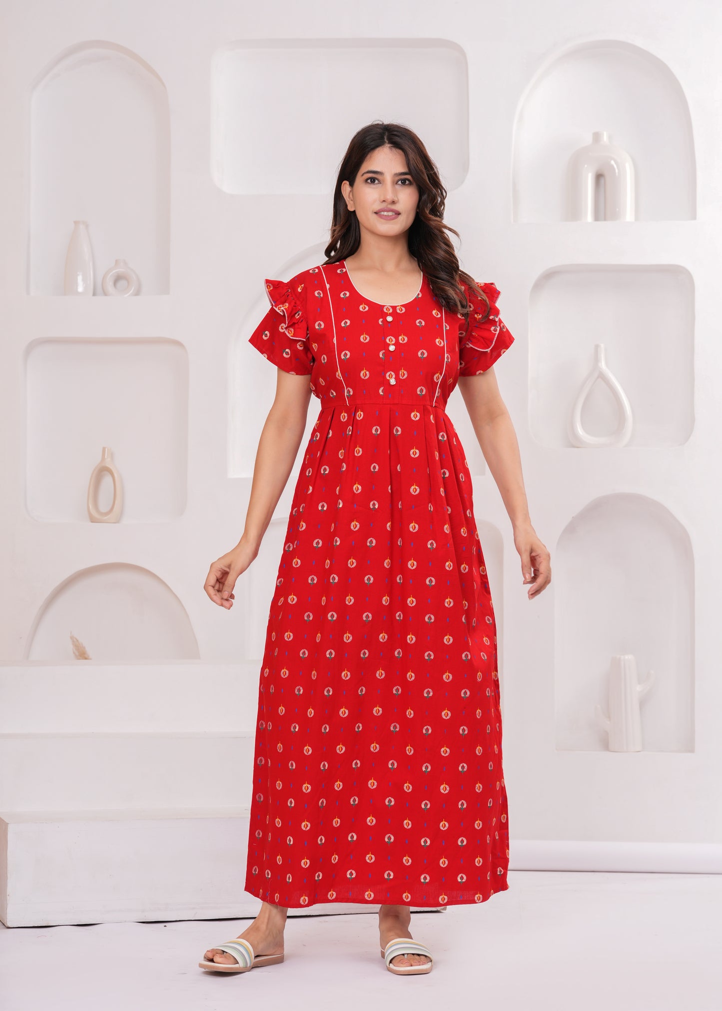 HARGUN NIGHT WEAR Frock Style Cotton Nightgown for Women | Pure Cotton Nighty/Maxi for Women | Pack of 1 (Red, XL)