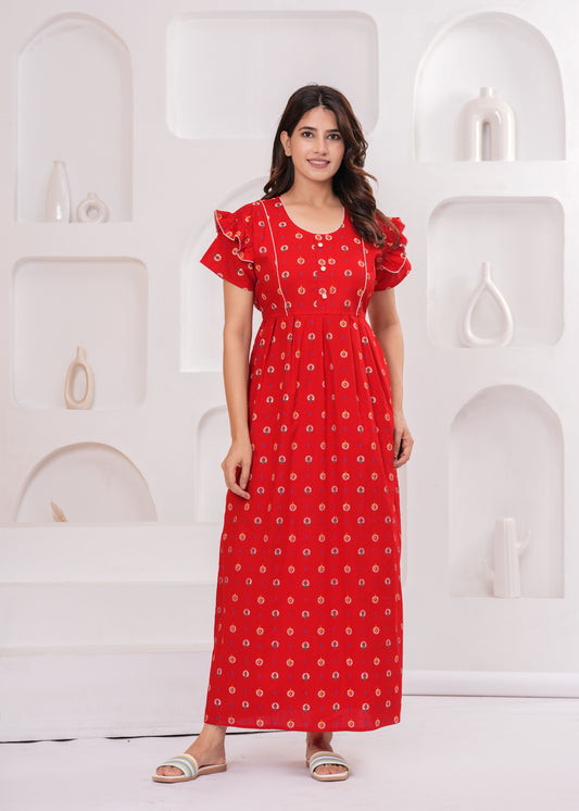 HARGUN NIGHT WEAR Frock Style Cotton Nightgown for Women | Pure Cotton Nighty/Maxi for Women | Pack of 1 (Red, XL)