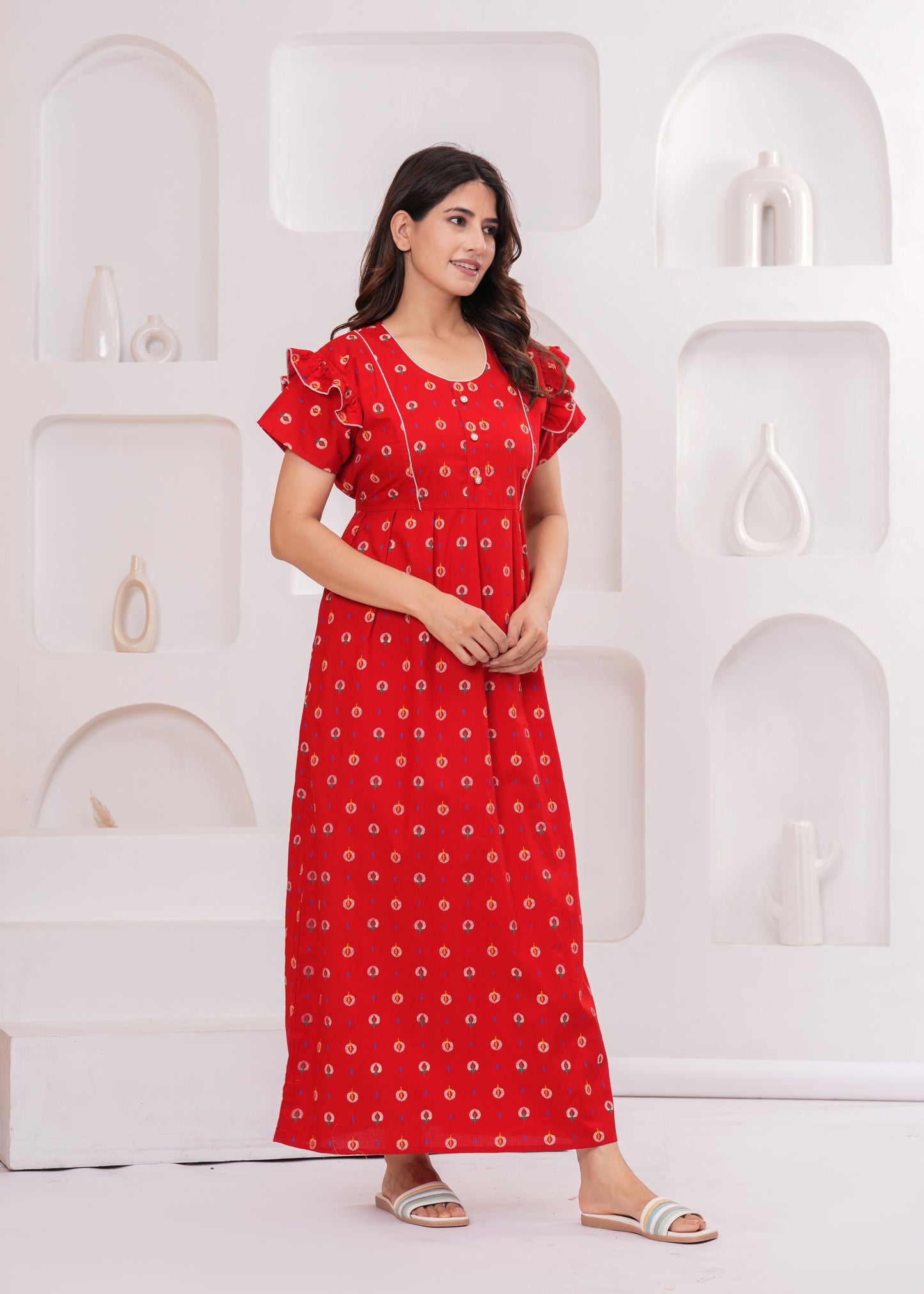 HARGUN NIGHT WEAR Frock Style Cotton Nightgown for Women | Pure Cotton Nighty/Maxi for Women | Pack of 1 (Red, XL)