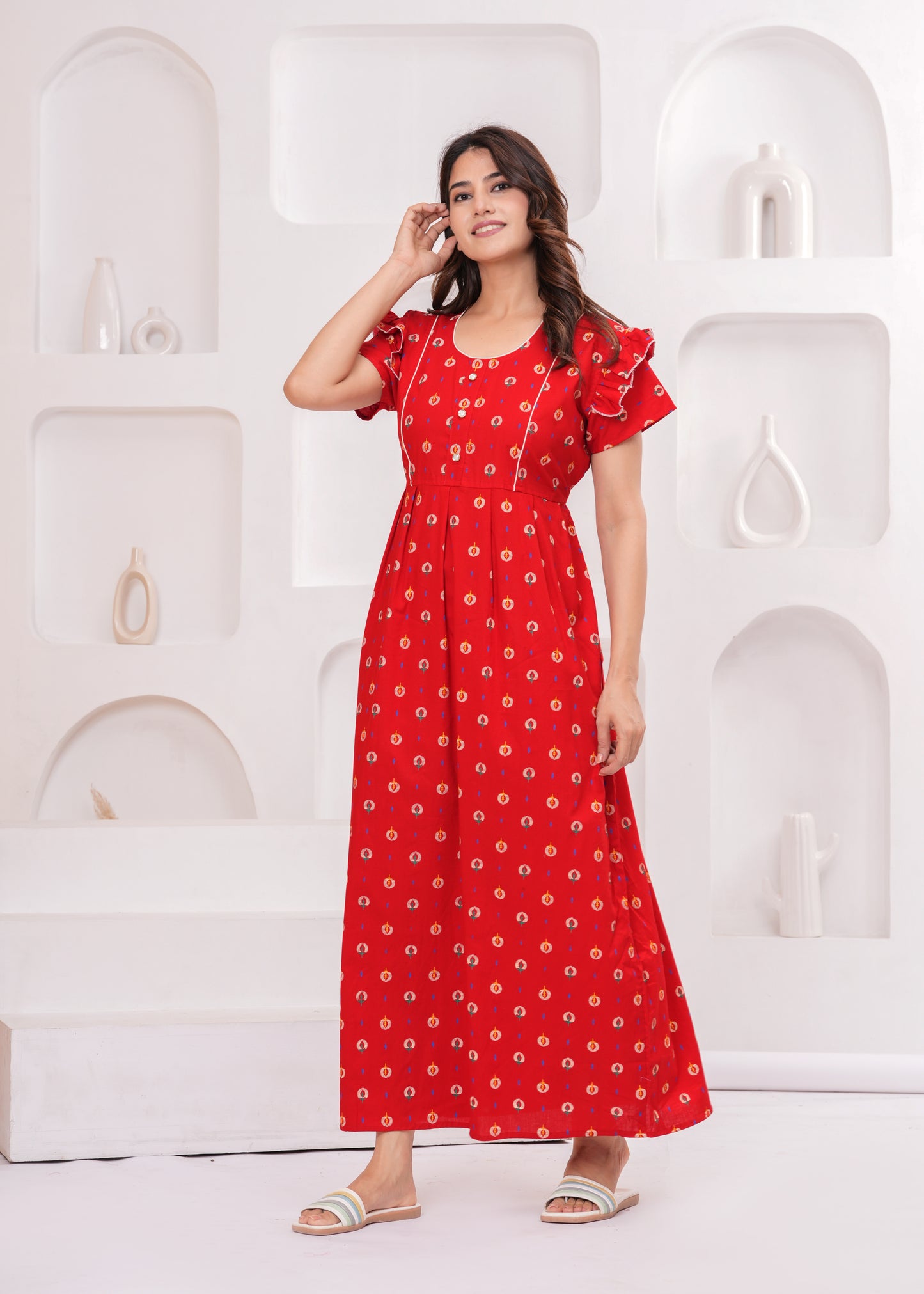 HARGUN NIGHT WEAR Frock Style Cotton Nightgown for Women | Pure Cotton Nighty/Maxi for Women | Pack of 1 (Red, XL)