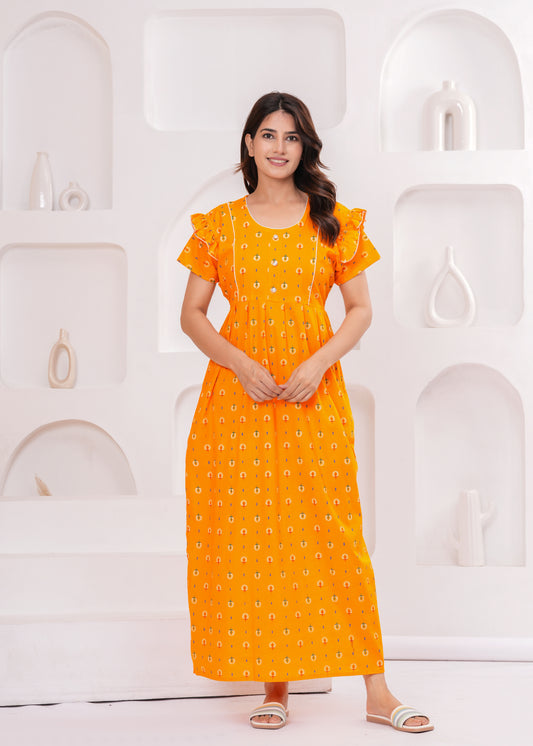 Frock Style Cotton Nightgown for Women (Yellow, XL)