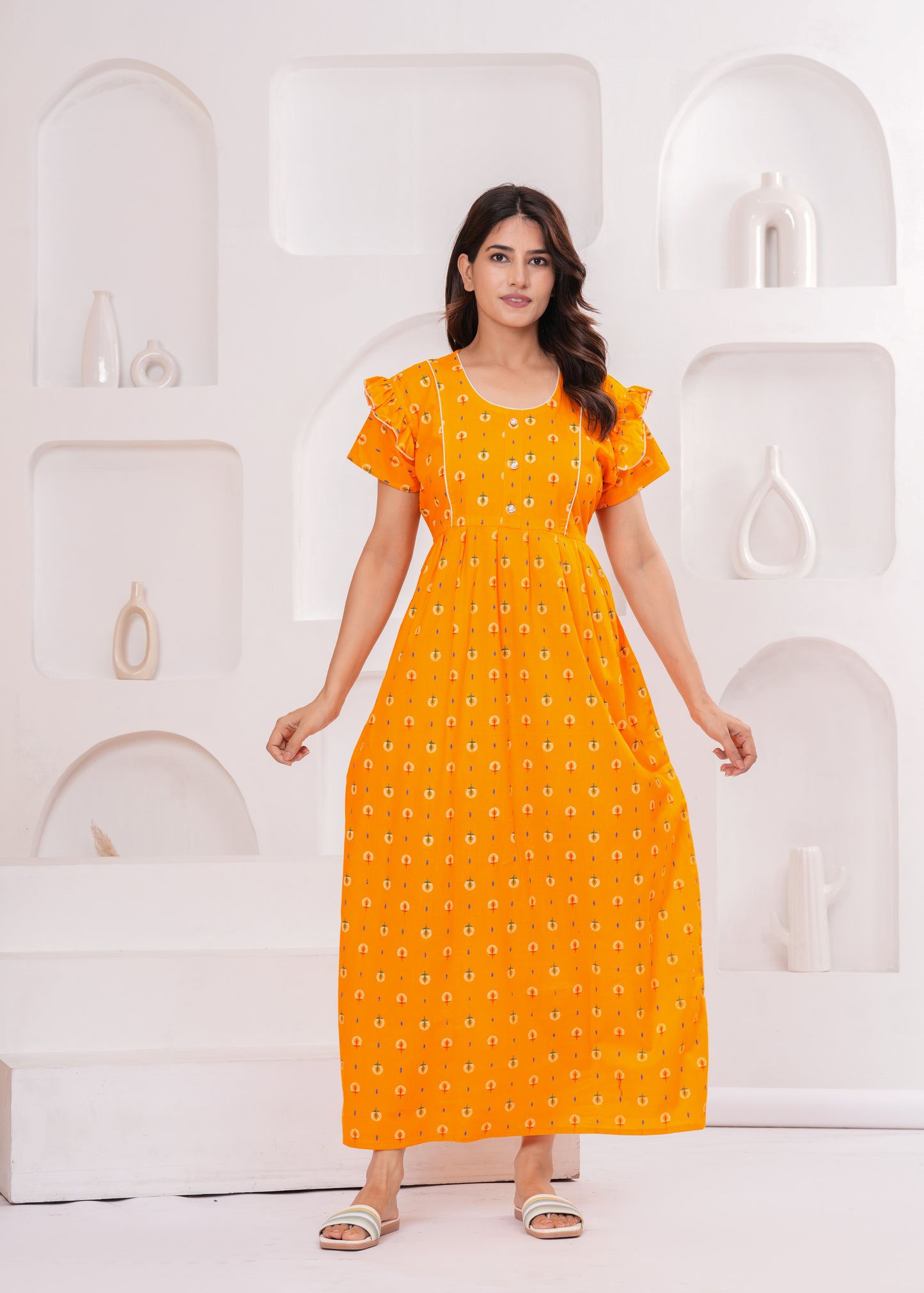 Frock Style Cotton Nightgown for Women (Yellow, XL)