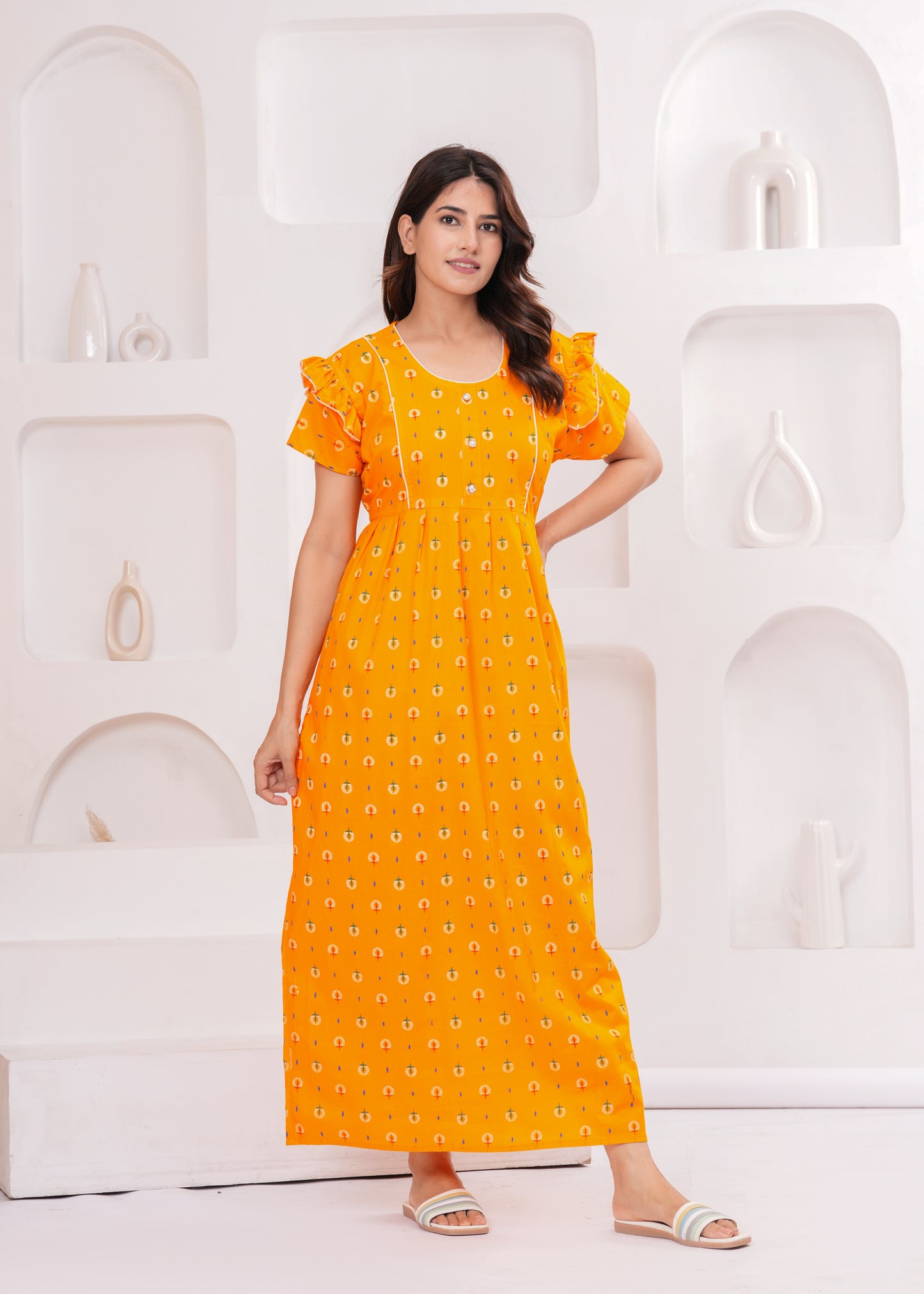Frock Style Cotton Nightgown for Women (Yellow, XL)