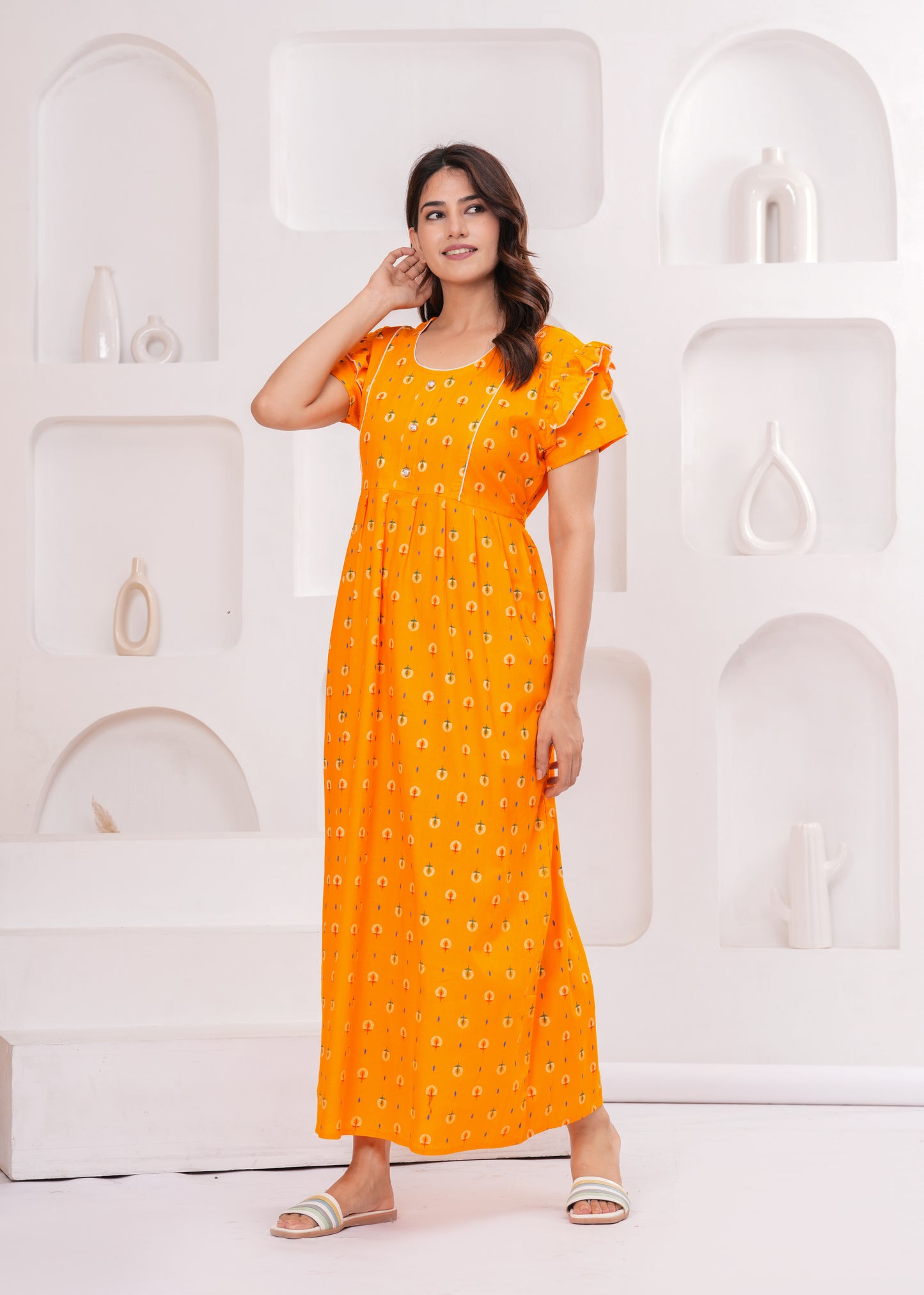 Frock Style Cotton Nightgown for Women (Yellow, XL)