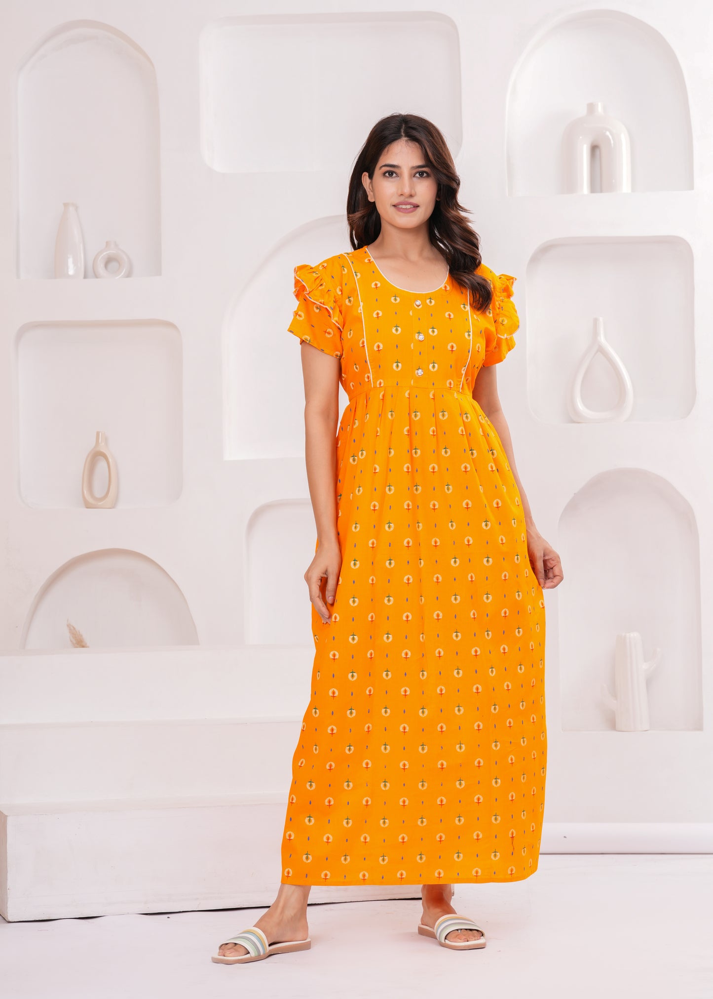 Frock Style Cotton Nightgown for Women (Yellow, XL)