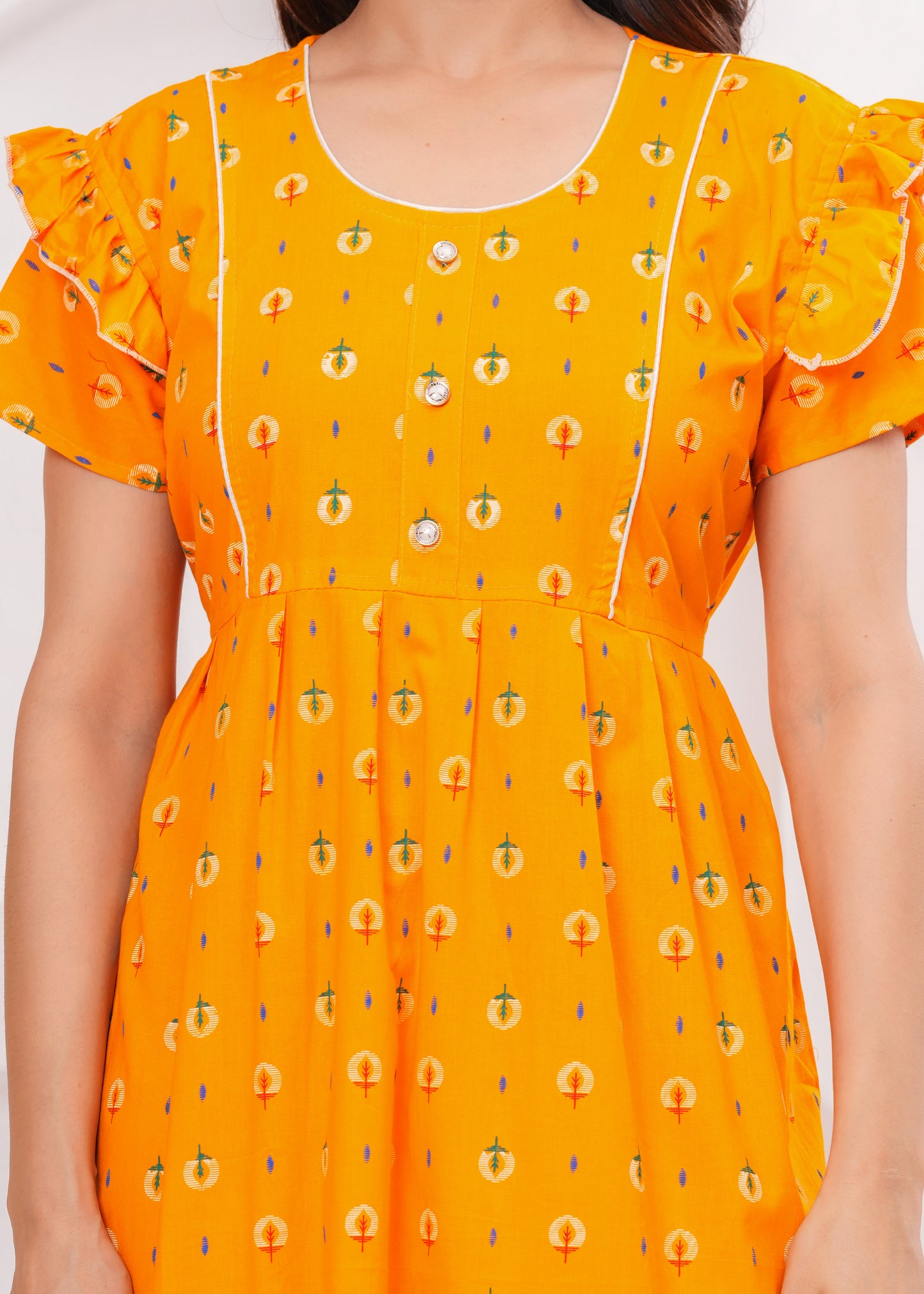 Frock Style Cotton Nightgown for Women (Yellow, XL)