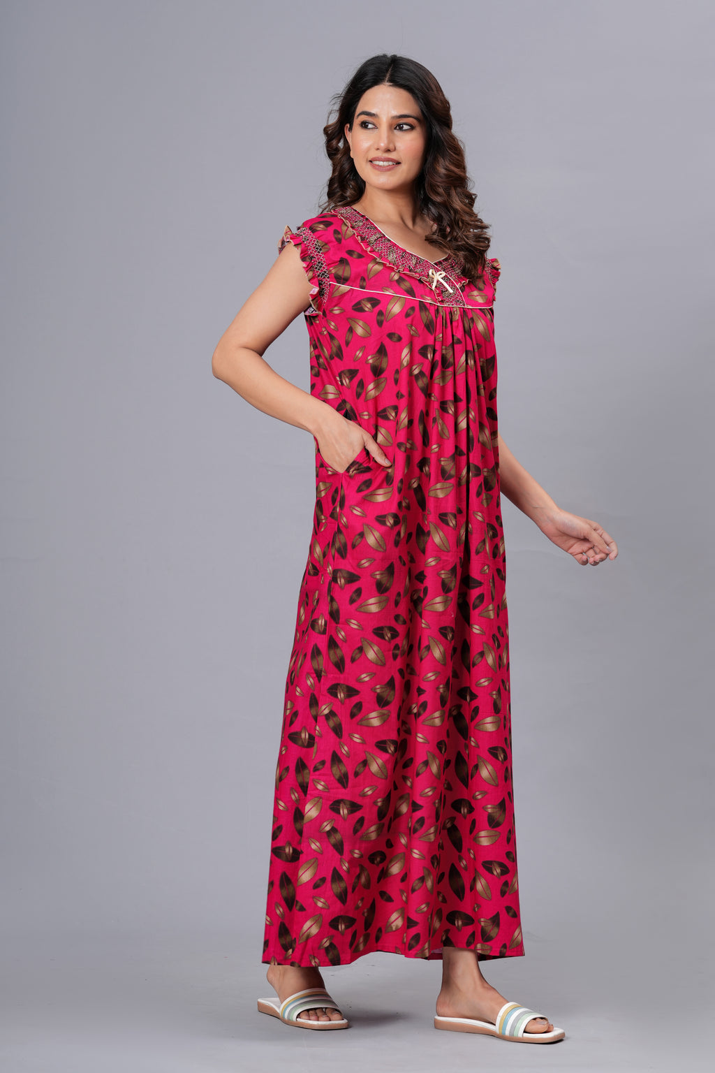 HARGUN NIGHT WEAR Women's Elegant Cotton Nightgown with Pocket & Embroidered Neck Design (Raani Pink, Free Size)
