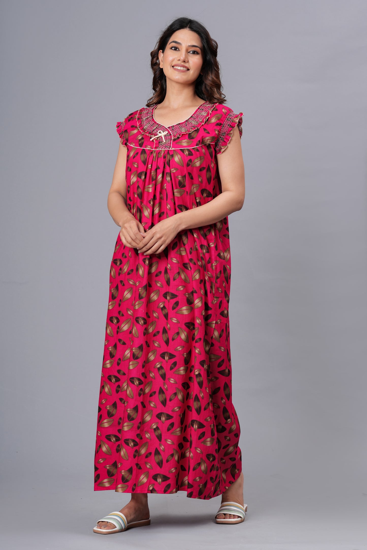 HARGUN NIGHT WEAR Women's Elegant Cotton Nightgown with Pocket & Embroidered Neck Design (Raani Pink, Free Size)