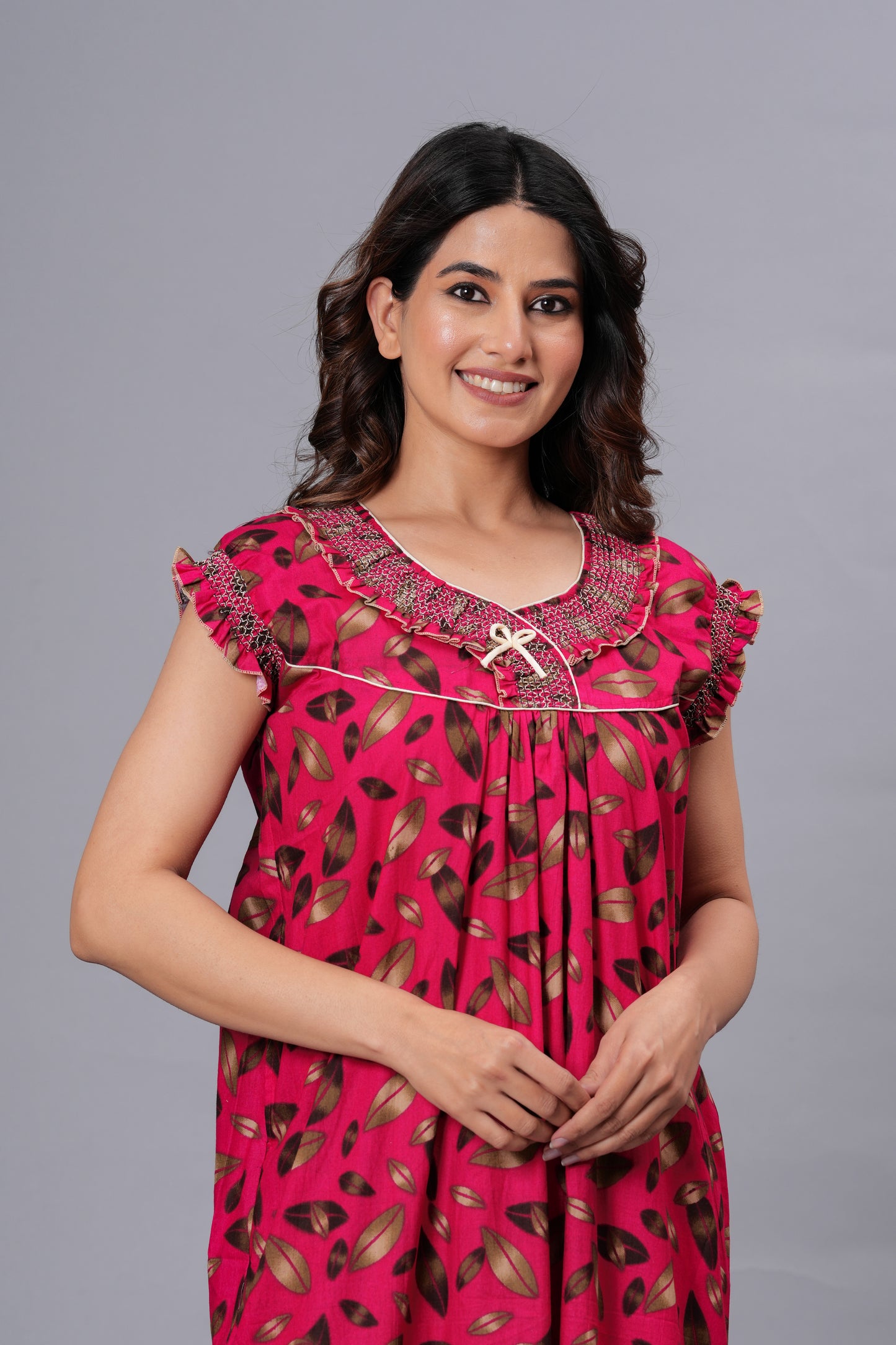 HARGUN NIGHT WEAR Women's Elegant Cotton Nightgown with Pocket & Embroidered Neck Design (Raani Pink, Free Size)