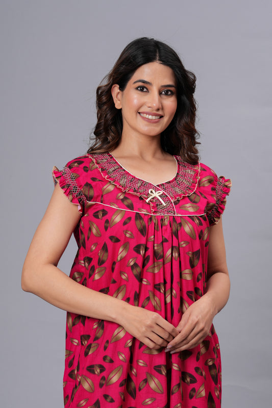 HARGUN NIGHT WEAR Women's Elegant Cotton Nightgown with Pocket & Embroidered Neck Design (Raani Pink, Free Size)