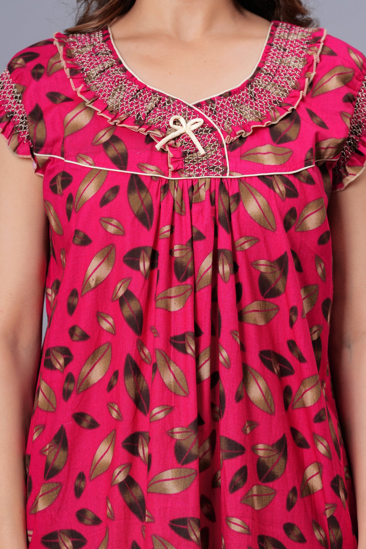 HARGUN NIGHT WEAR Women's Elegant Cotton Nightgown with Pocket & Embroidered Neck Design (Raani Pink, Free Size)