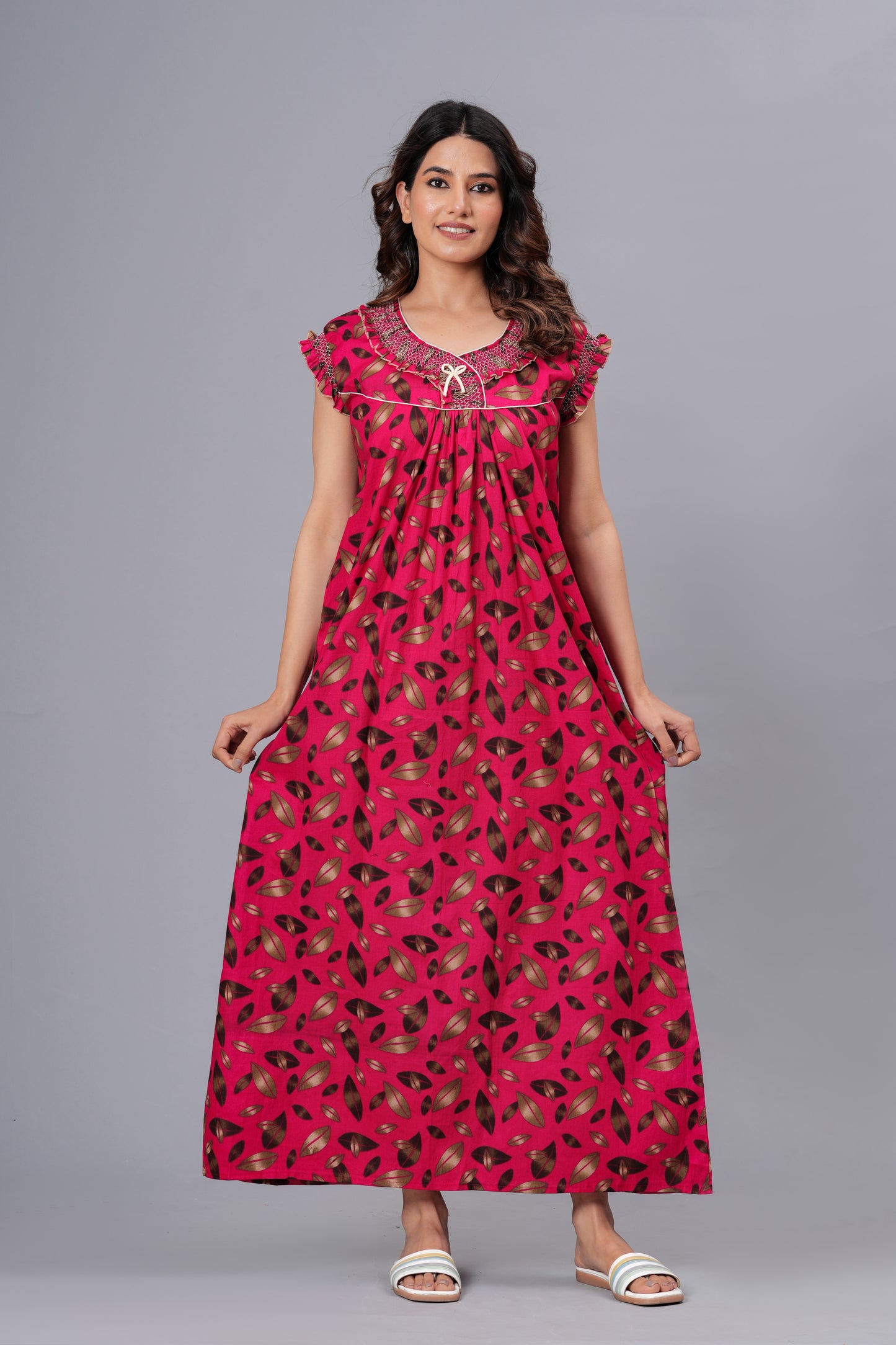 HARGUN NIGHT WEAR Women's Elegant Cotton Nightgown with Pocket & Embroidered Neck Design (Raani Pink, Free Size)