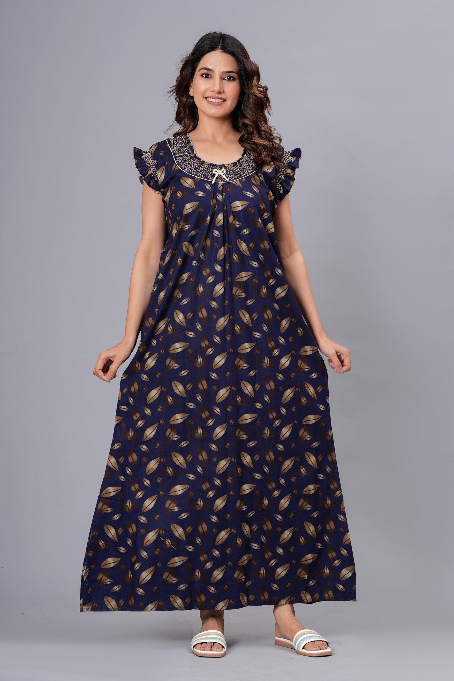 HARGUN NIGHT WEAR Women's Elegant Cotton Nightgown with Pocket & Embroidered Neck Design (Navy Blue, Free Size)