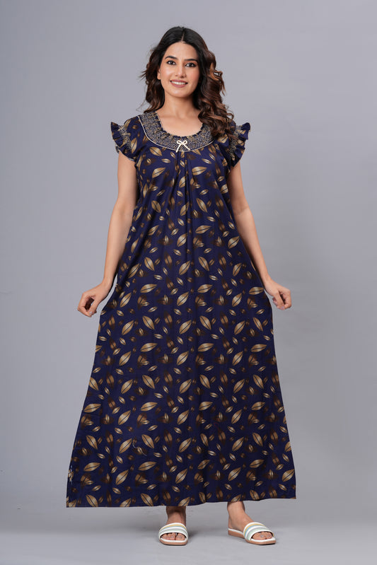 HARGUN NIGHT WEAR Women's Elegant Cotton Nightgown with Pocket & Embroidered Neck Design (Navy Blue, Free Size)