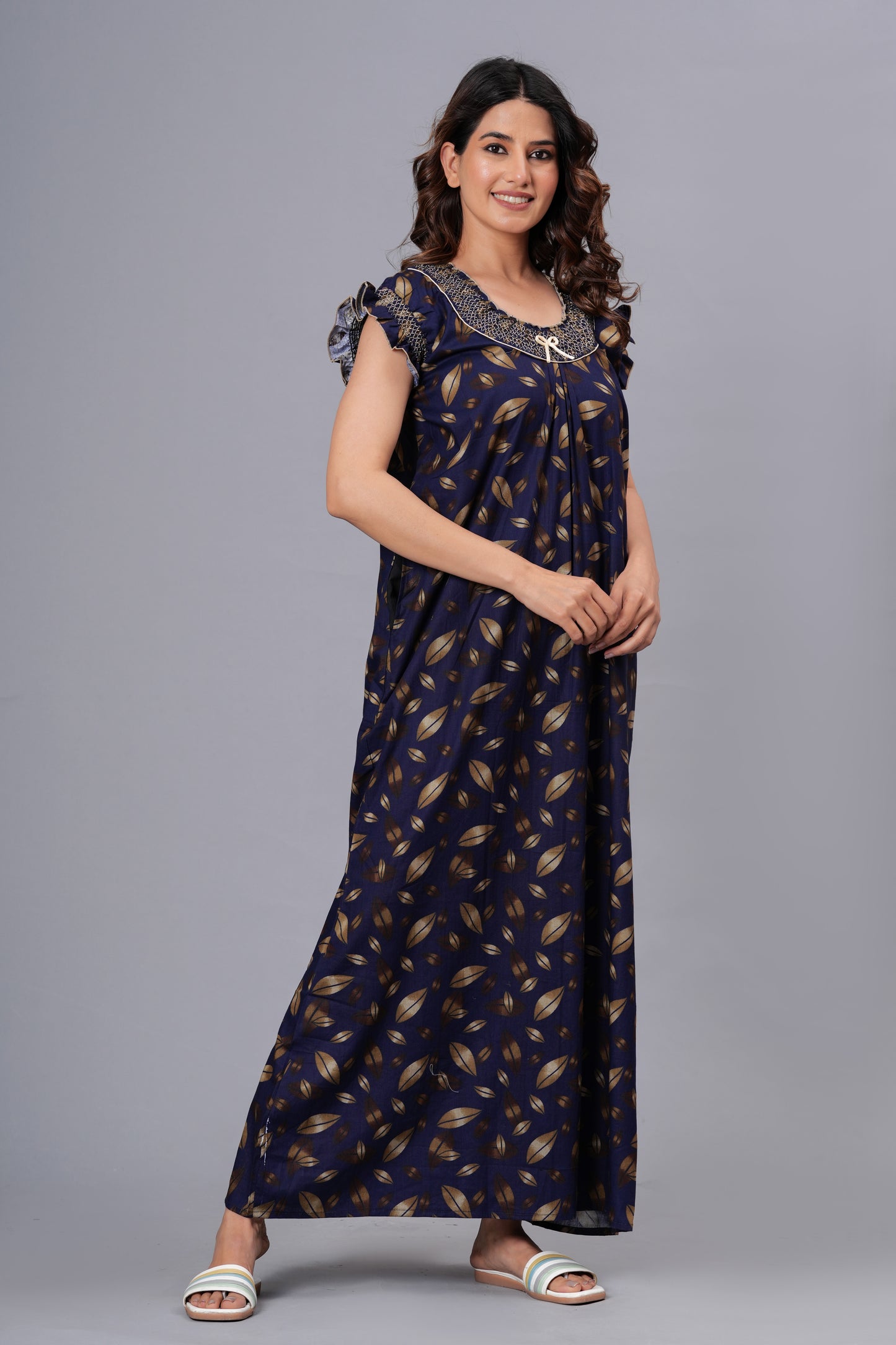 HARGUN NIGHT WEAR Women's Elegant Cotton Nightgown with Pocket & Embroidered Neck Design (Navy Blue, Free Size)