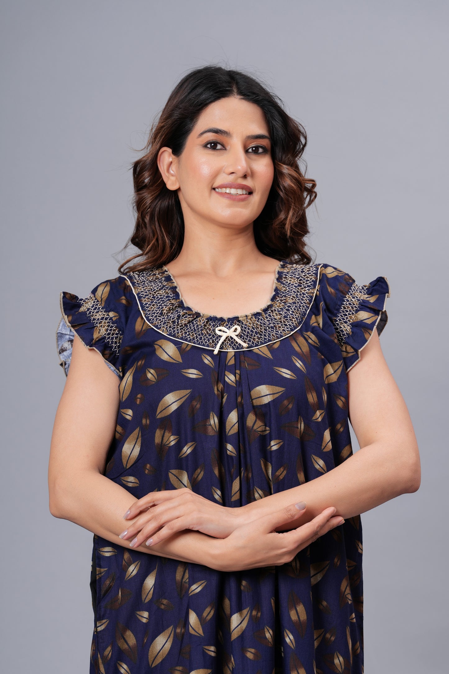 HARGUN NIGHT WEAR Women's Elegant Cotton Nightgown with Pocket & Embroidered Neck Design (Navy Blue, Free Size)