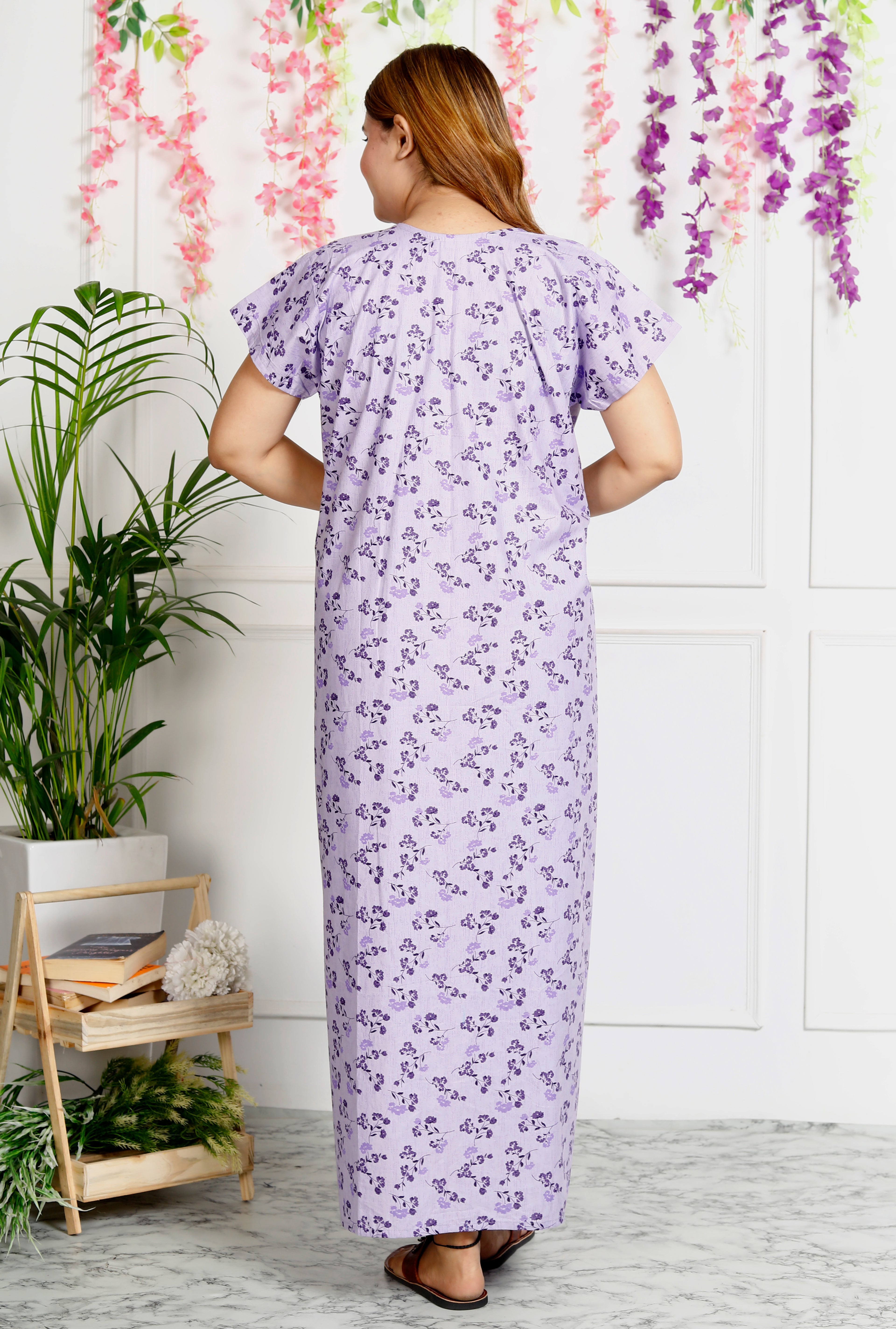 Women's Cotton Nightgown Maxi Embroidered Neck & Pocket (Lavender|)