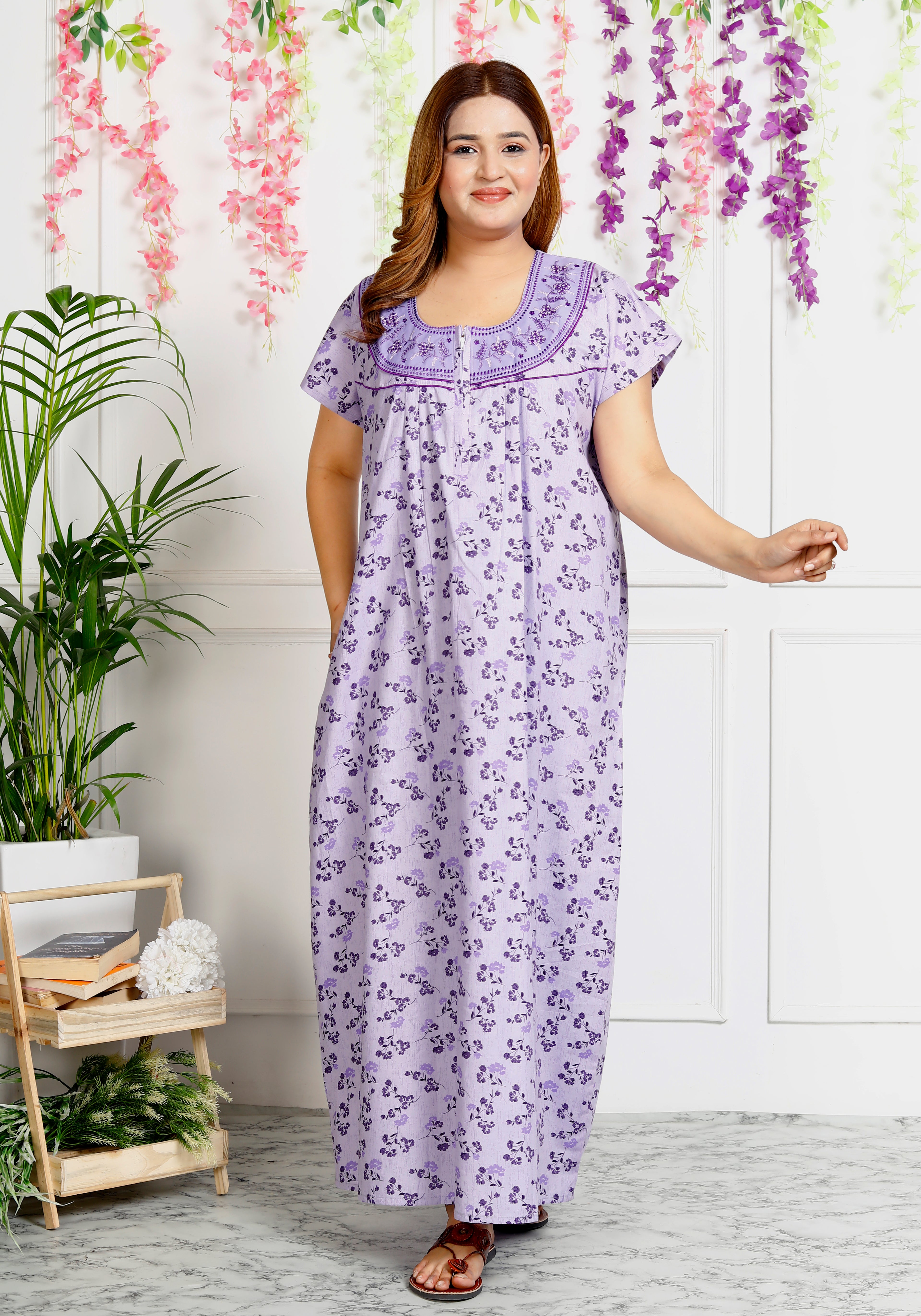 Women's Cotton Nightgown Maxi Embroidered Neck & Pocket (Lavender|)