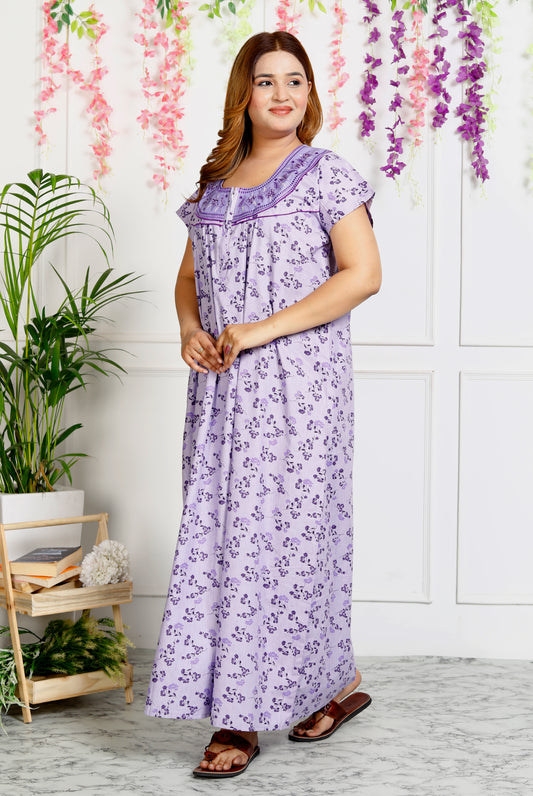 Women's Cotton Nightgown Maxi Embroidered Neck & Pocket (Lavender|)
